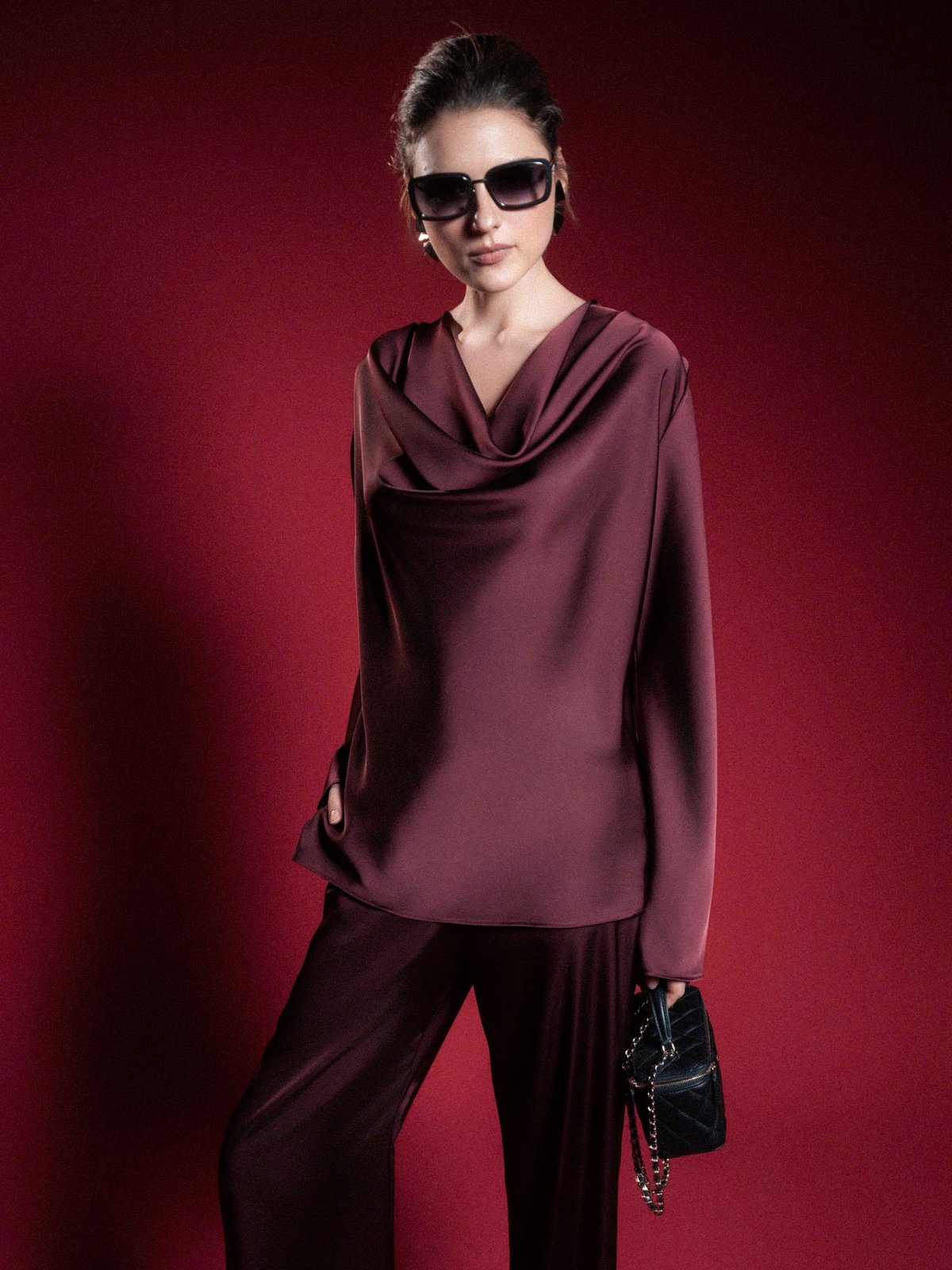 KISSERINE ZIREL Elegance Draped Satin Long Sleeve Blouse