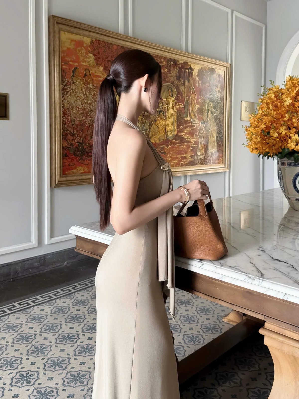 Tran Ali Asymmetric Halter Bodycon Maxi Dress