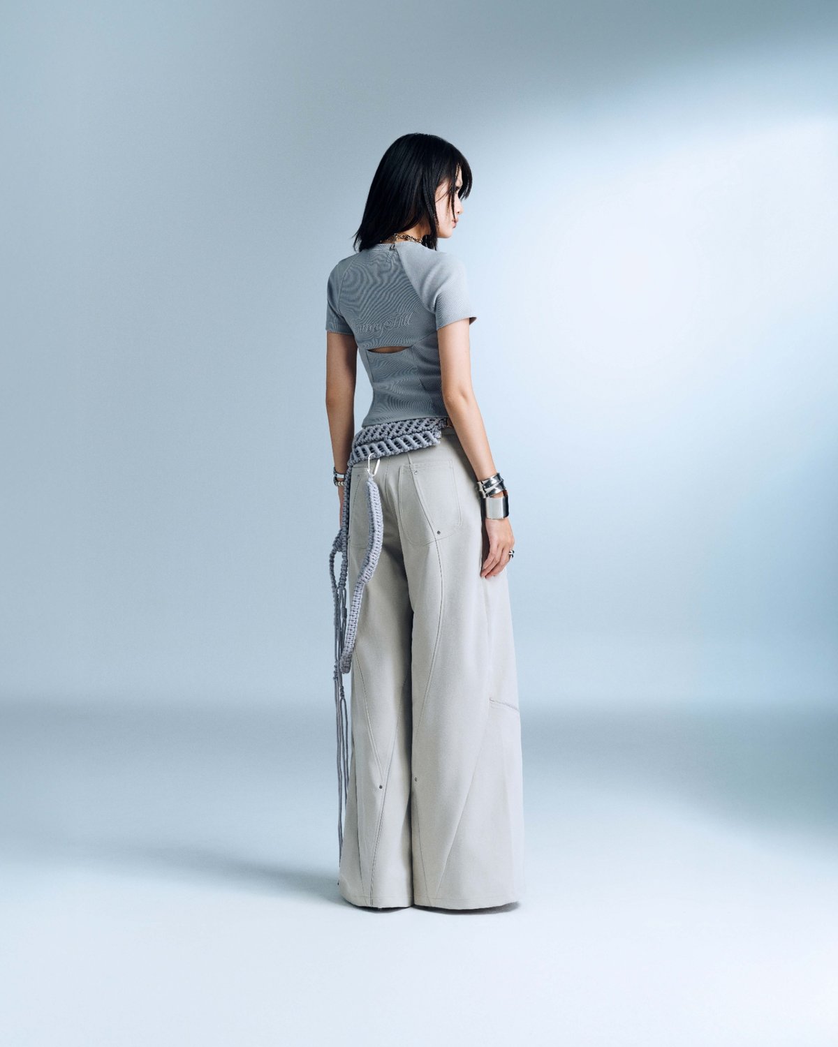Bunnyhill PERSEA Panelled T-shirt with Embroidery and Back Cut-out (Blue Grey)
