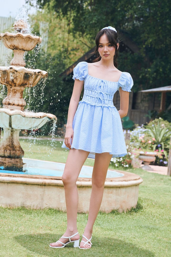 DOTTIE Smocking Gingham Mini Dress - Blue - D0739