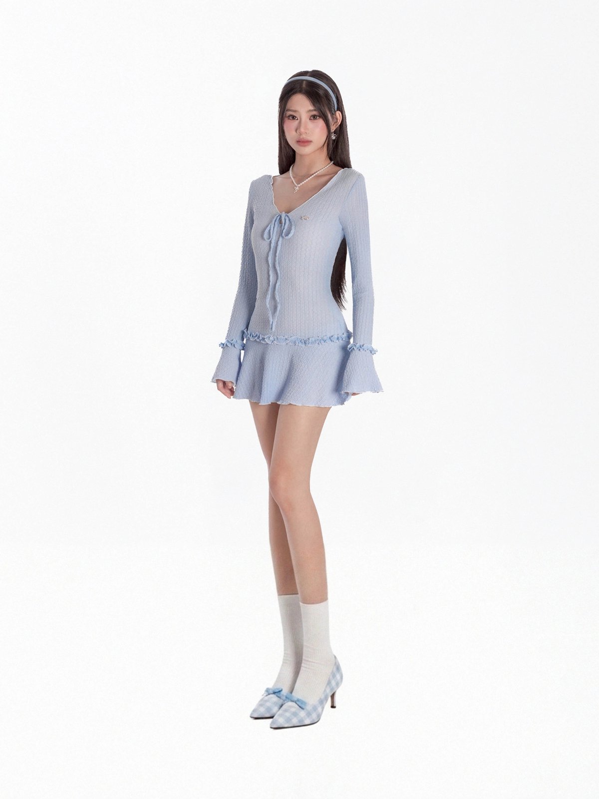 DKMV Rae 浪漫 V 領泡泡袖碎花褶皺連身裙 - 藍色