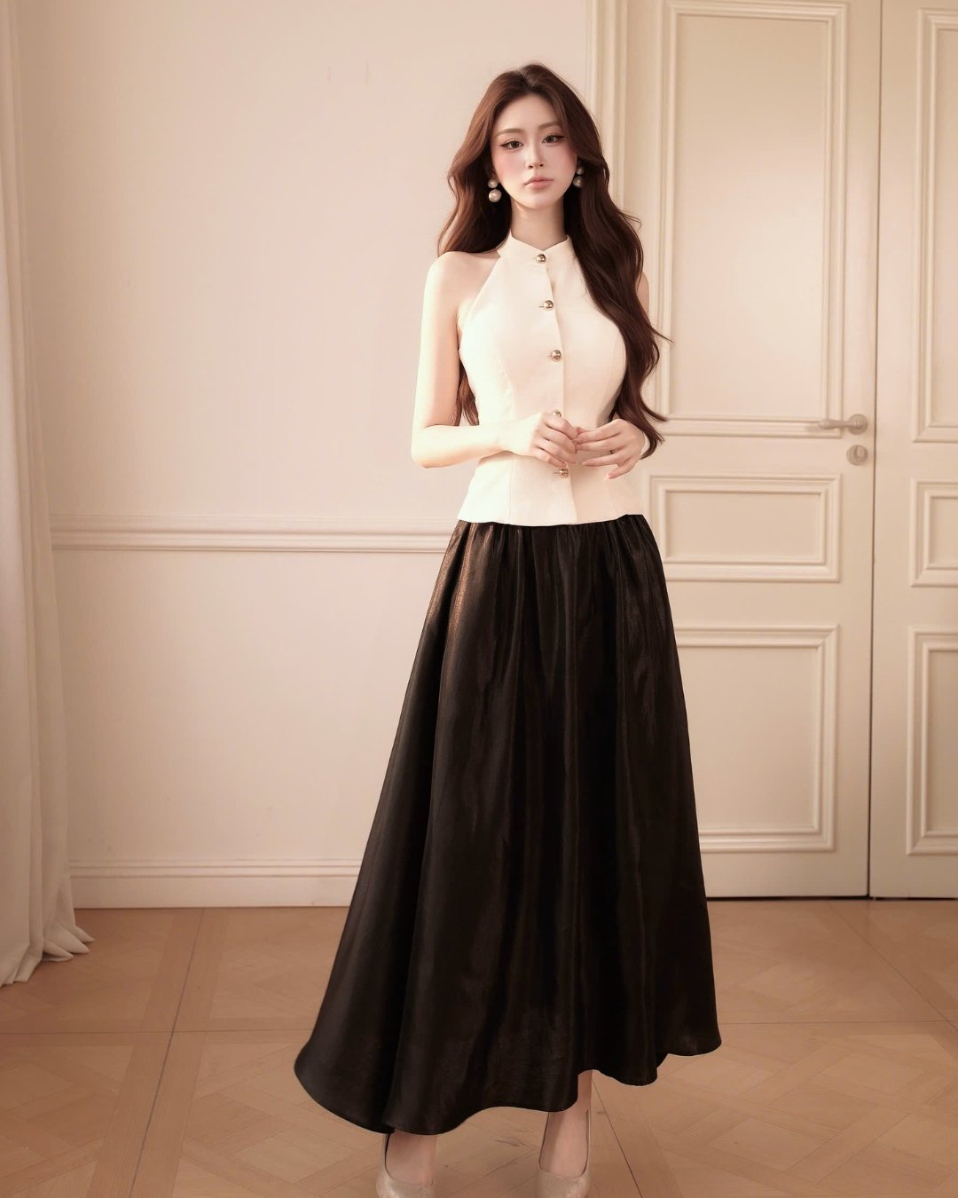 HIU Una Skirt 高級光澤塔夫綢長裙 韓系優雅百褶中長裙