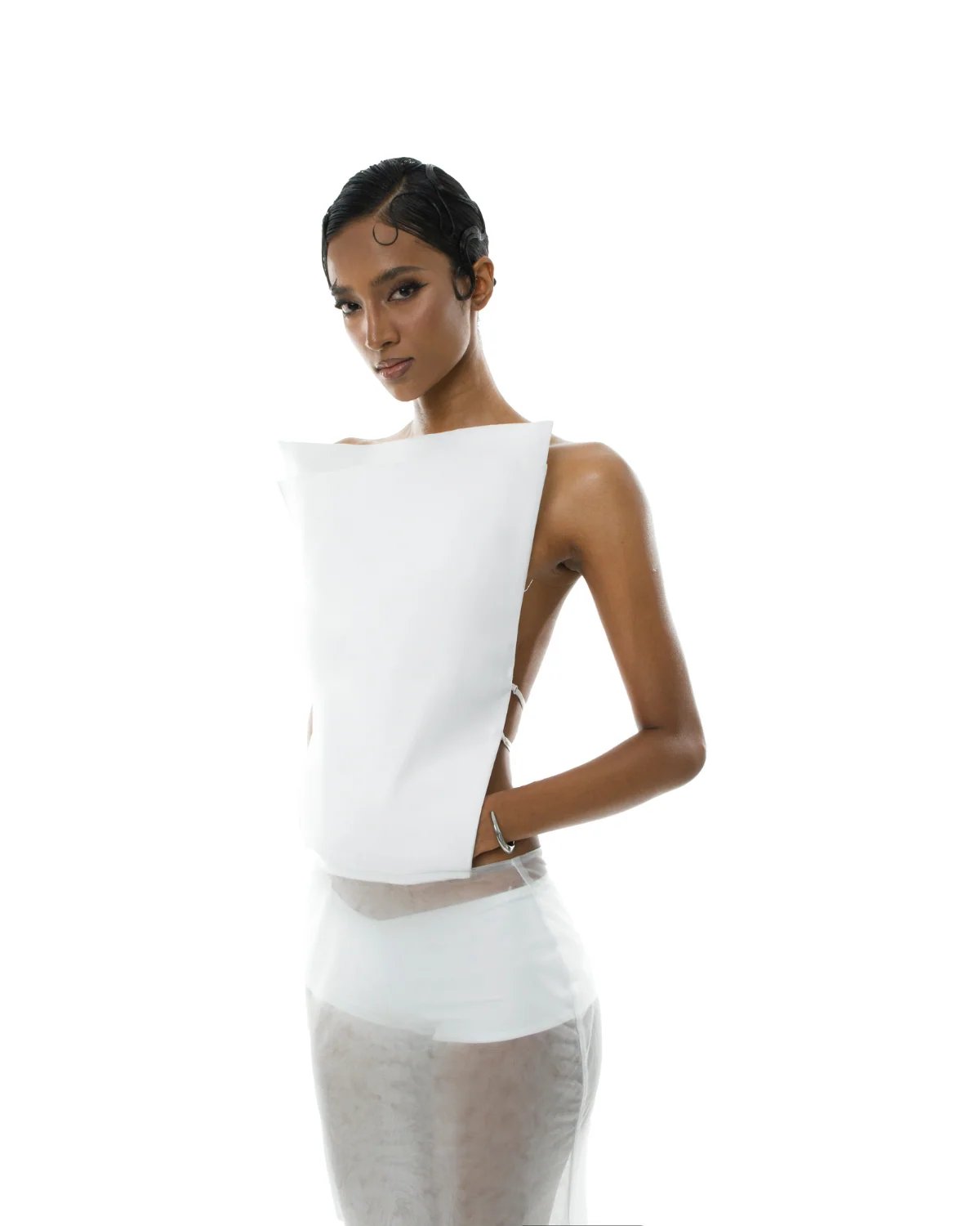 HUELLEYROSE Katherine Open Back Trapezium Panel Maxi Dress