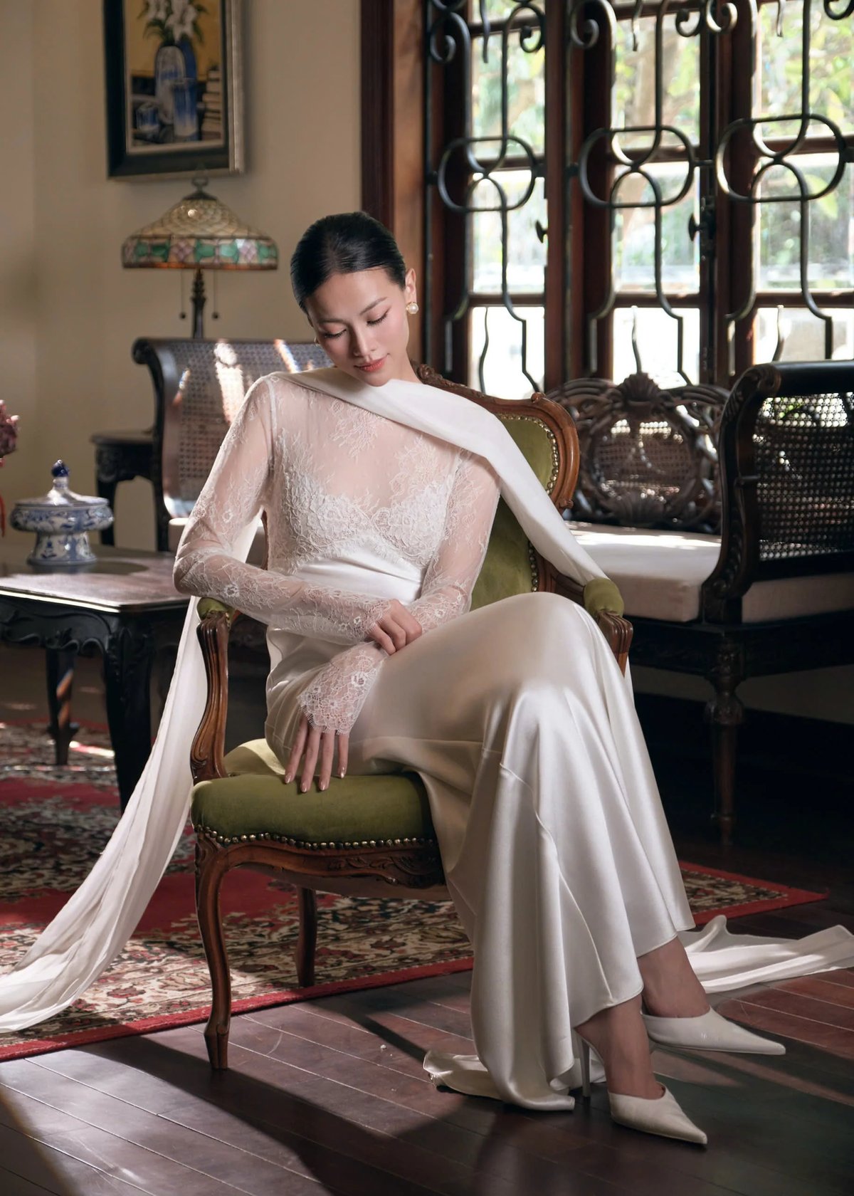 KISSERINE PALINA GOWN White Lace and Satin Evening Dress