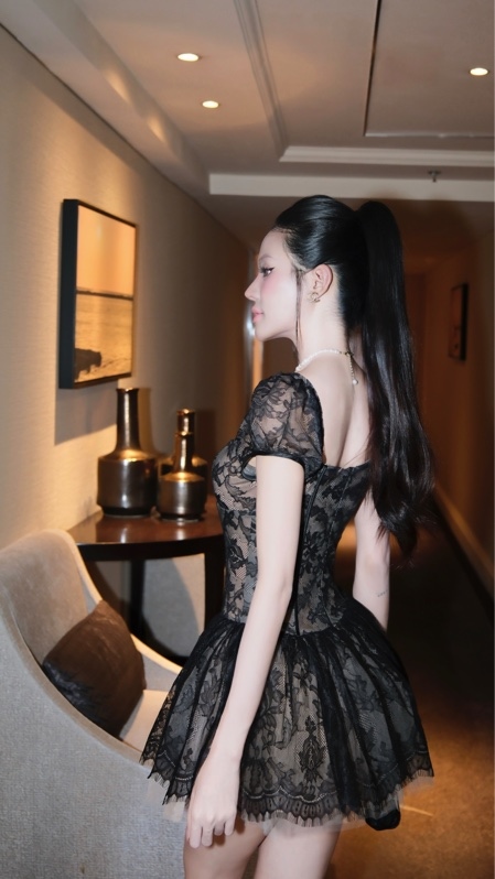 THAOBIBI Lace Bow Tie Flare Dress