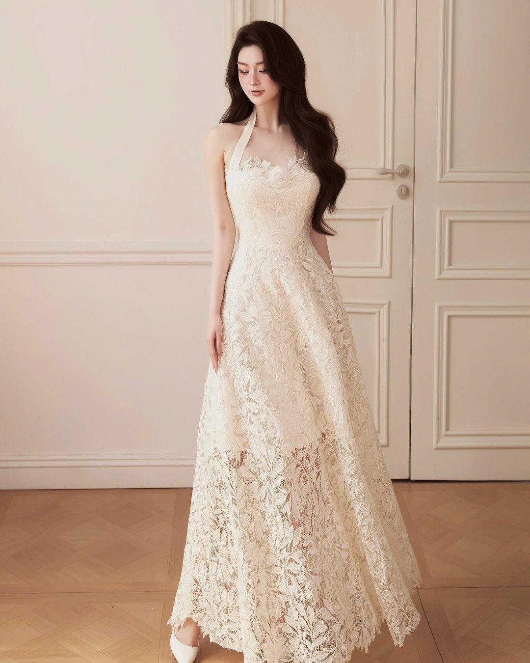 HIU design Evas Dress 高級韓系蕾絲花紋長裙 內建胸墊設計