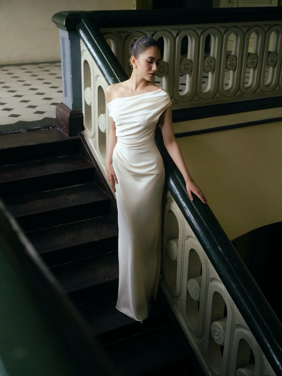 KISSERINE SOLEIL Satin Asymmetrical Neckline Maxi Dress