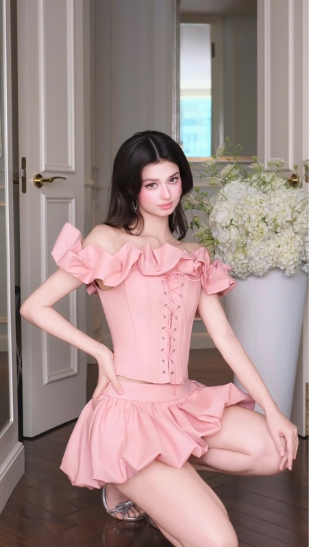 THAOBIBI Off-shoulder Lace-up Top and Ruffle Skirt Set