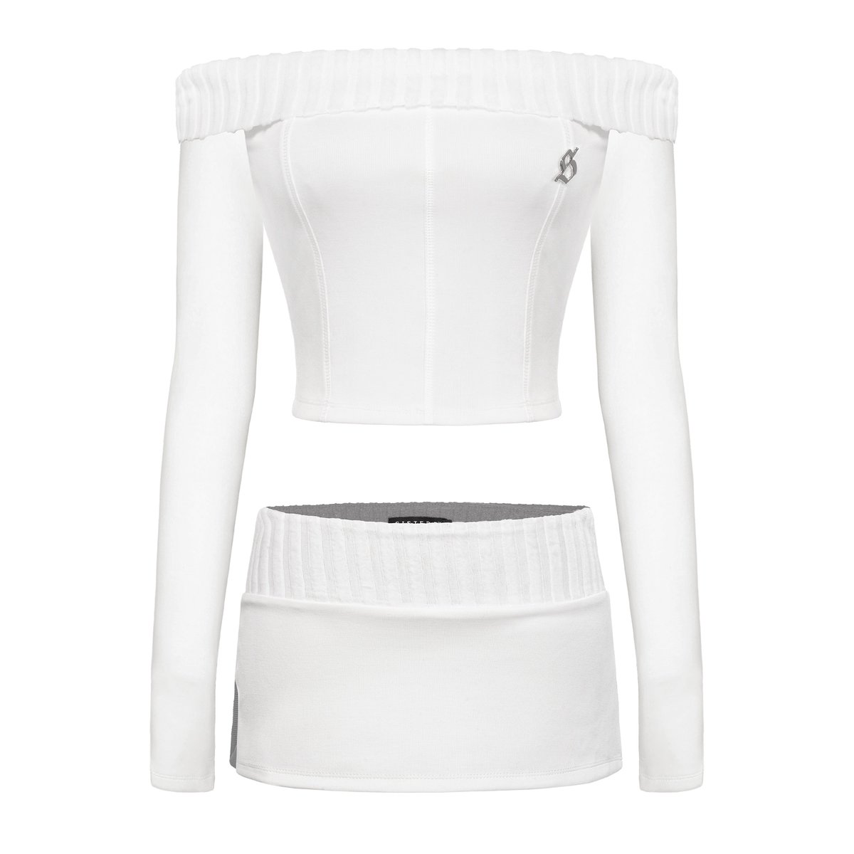 SISTERS Rachel Knit Ribbed Two-Piece Set - Off-shoulder Long Sleeve Top & Slit Mini Skirt