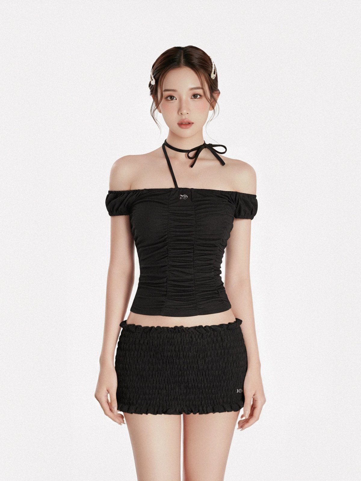 DKMV Emerald Off-Shoulder Bow Tie Ruched Top