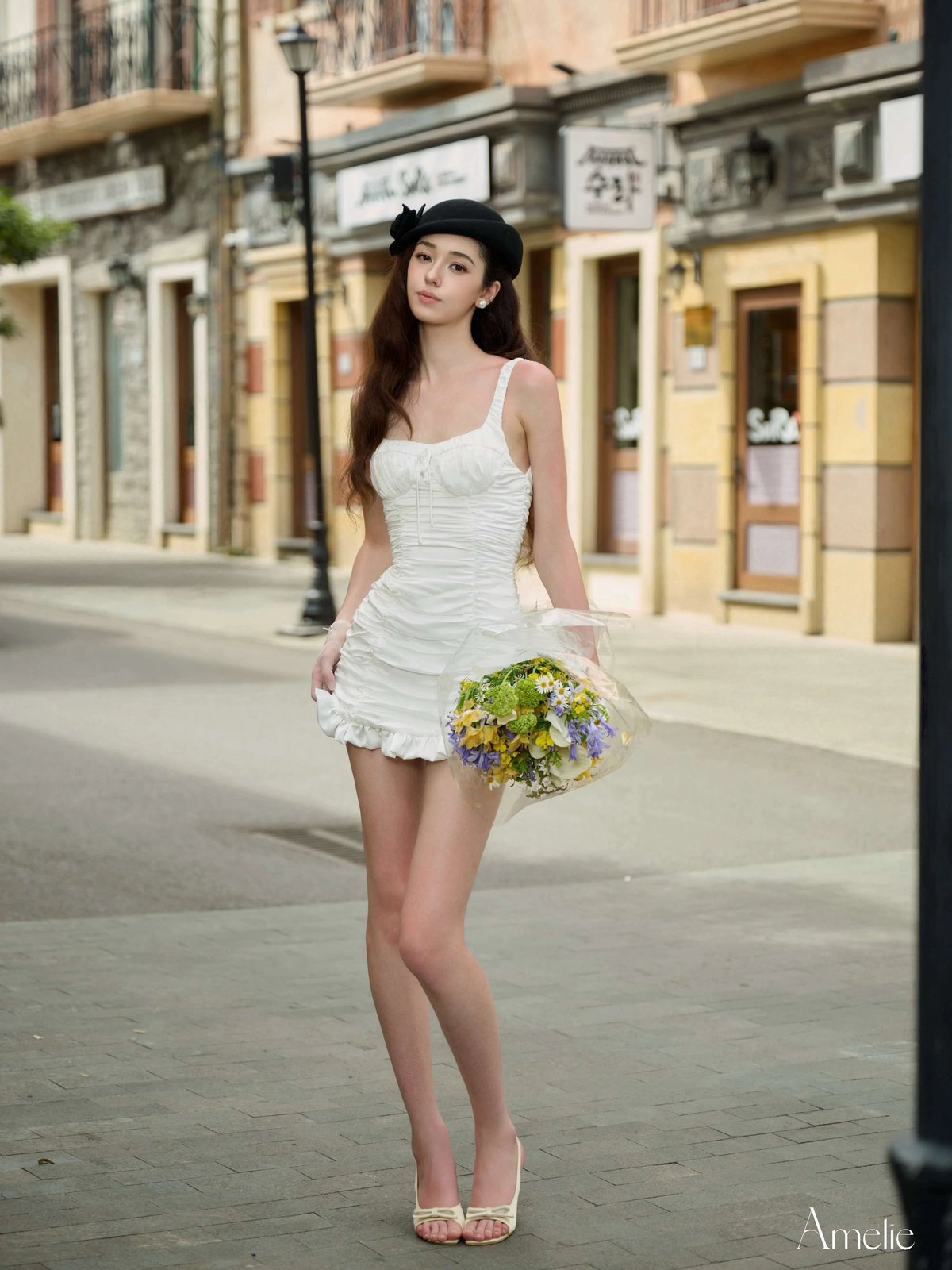 AMELIE Fenna White Ruffle Strap Mini Dress