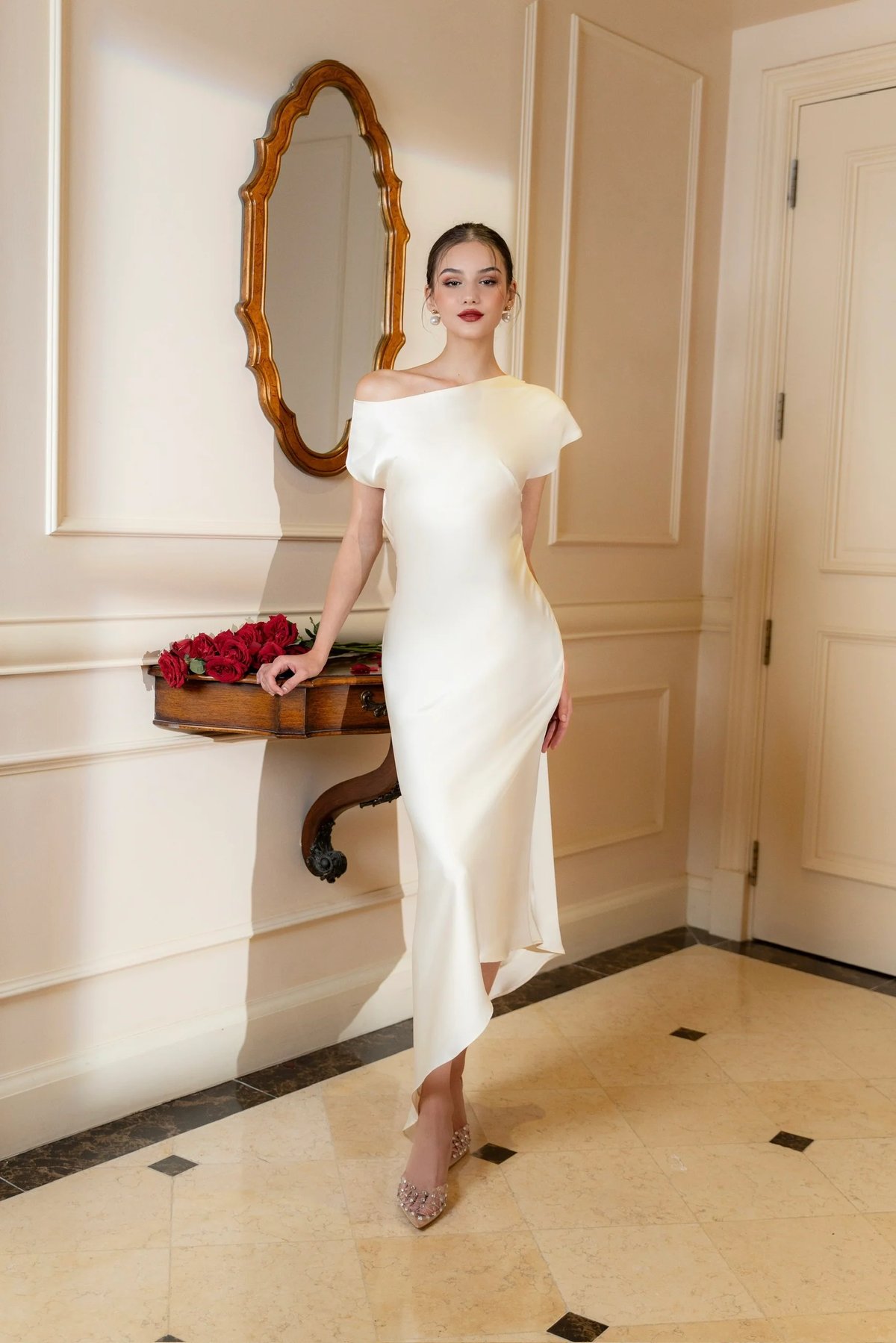 KISSERINE AUDREY Off-Shoulder Asymmetrical Satin Maxi Dress