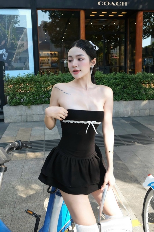 THAOBIBI 荷葉邊蝴蝶結短款針織洋裝