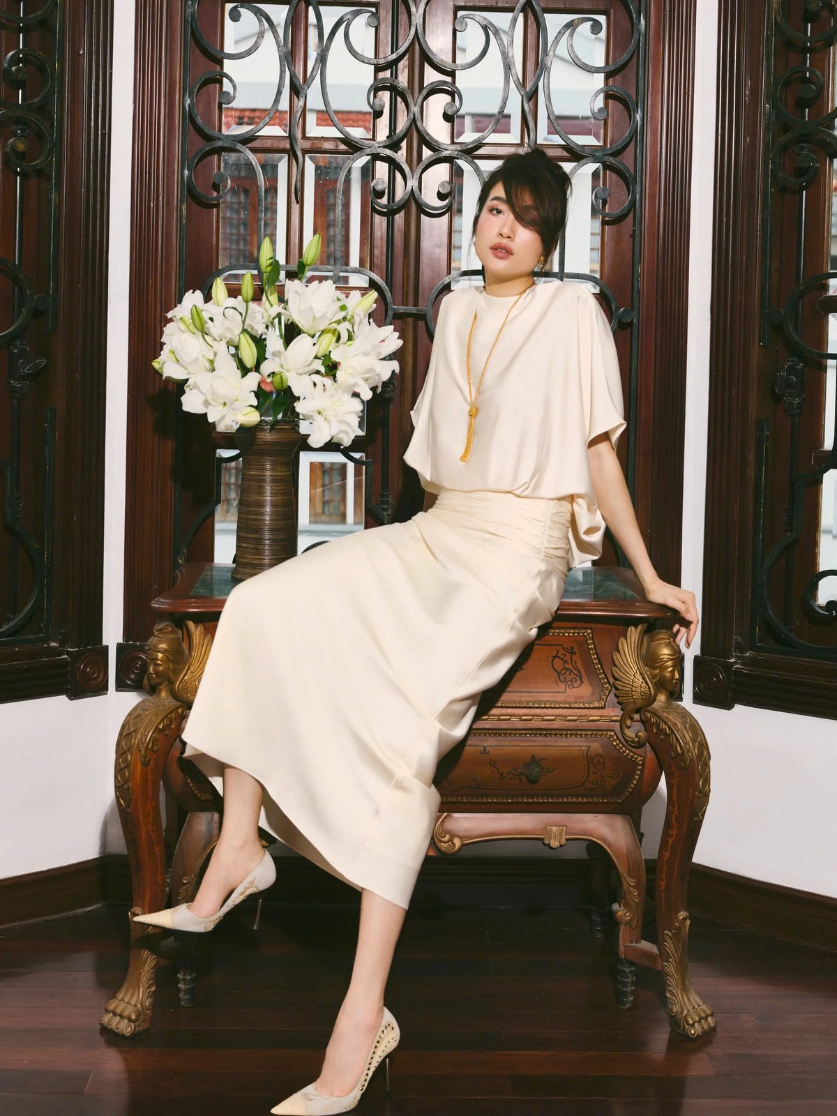 KISSERINE ALMA Satin Pleated Draped Back Dress
