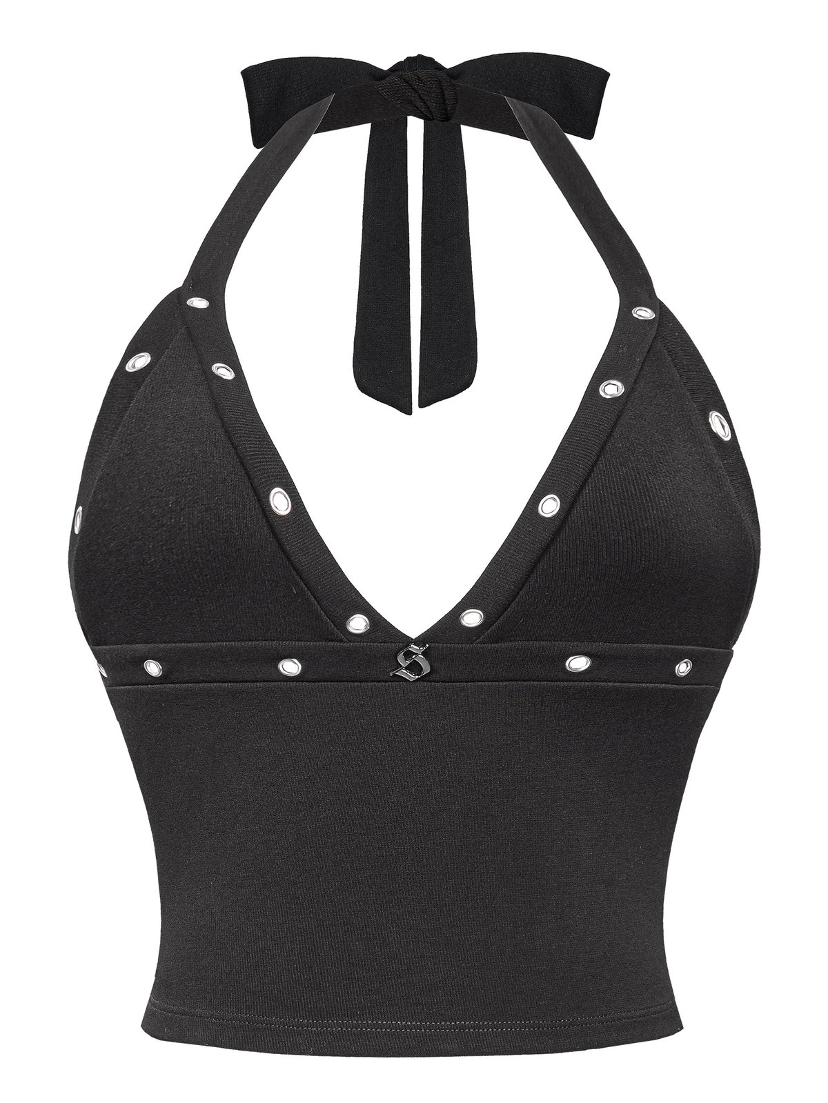 SISTERS Jolene Halter Neck Backless Cropped Top with Eyelet Details - Black