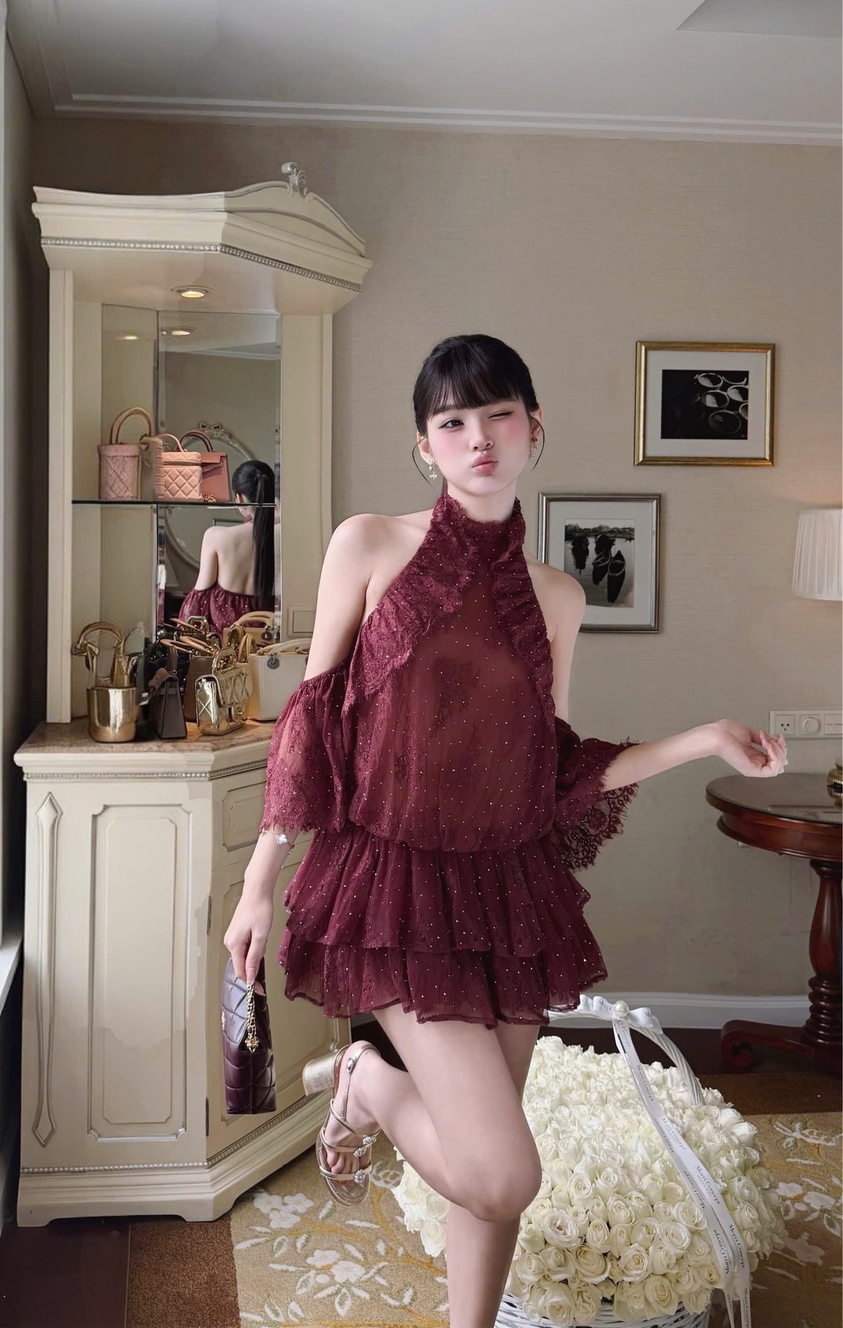 CHOU CHOU Lace Sequin Ruffle Mini Dress