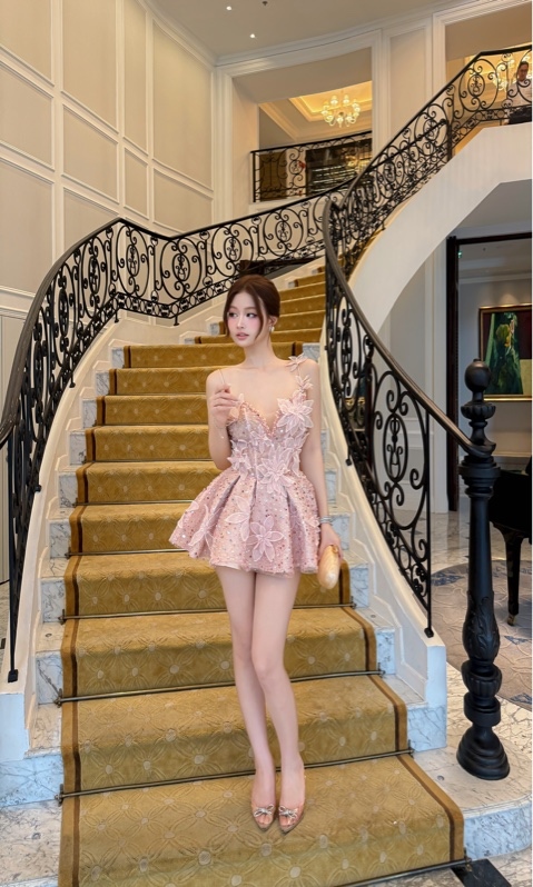 THAOBIBI Glitter Sequin Floral Embroidered Mini Party Dress
