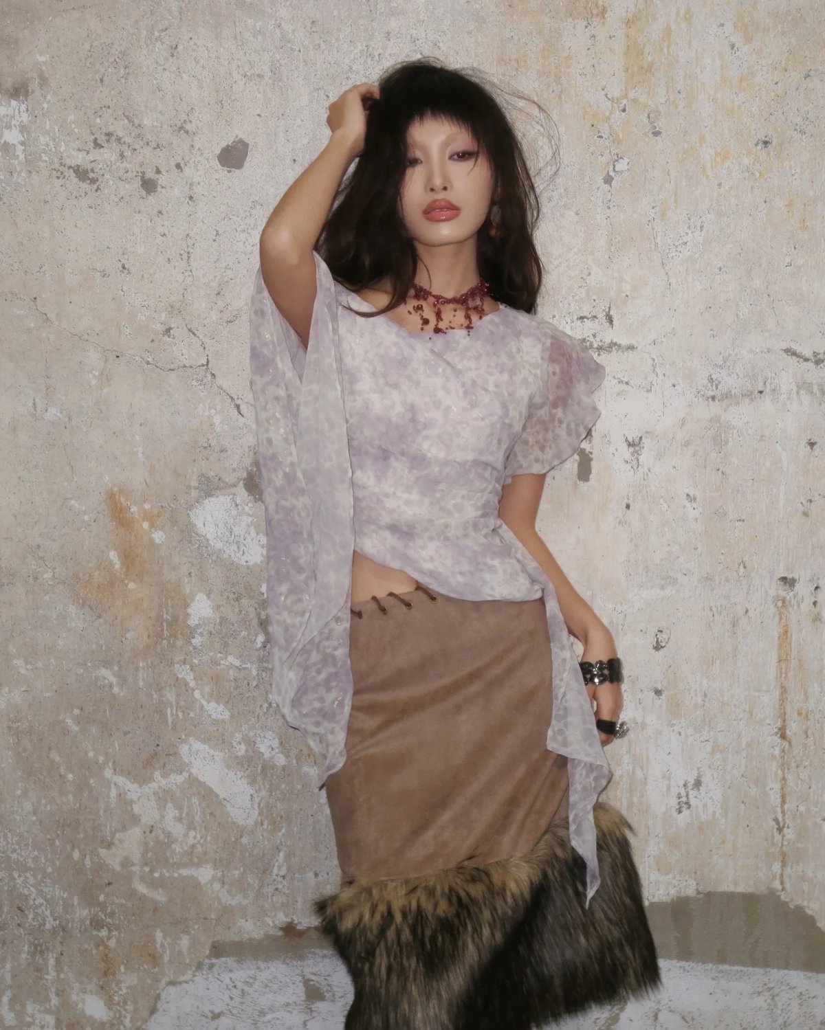 FAWN SKIRT 人造麂皮毛皮飾邊中長裙