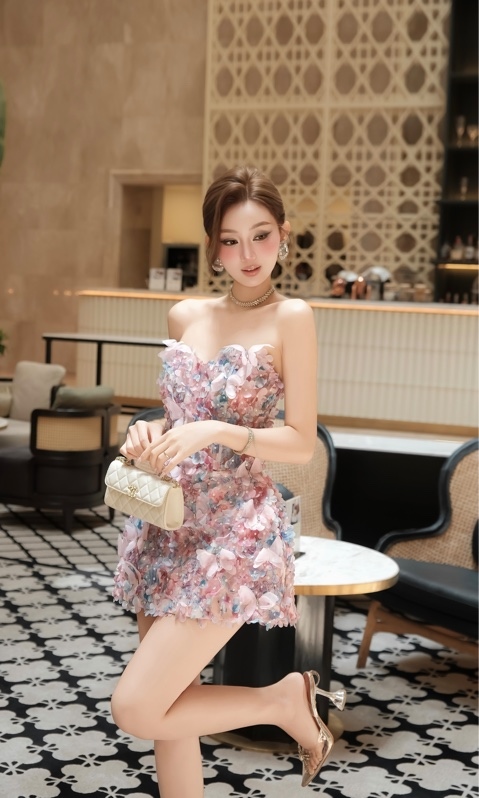 THAOBIBI Floral Organza Bustier Mini Dress