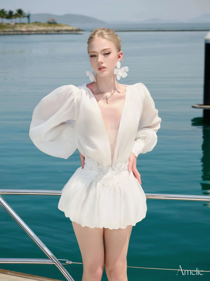 AMELIE Harper V領泡泡袖迷你連身裙