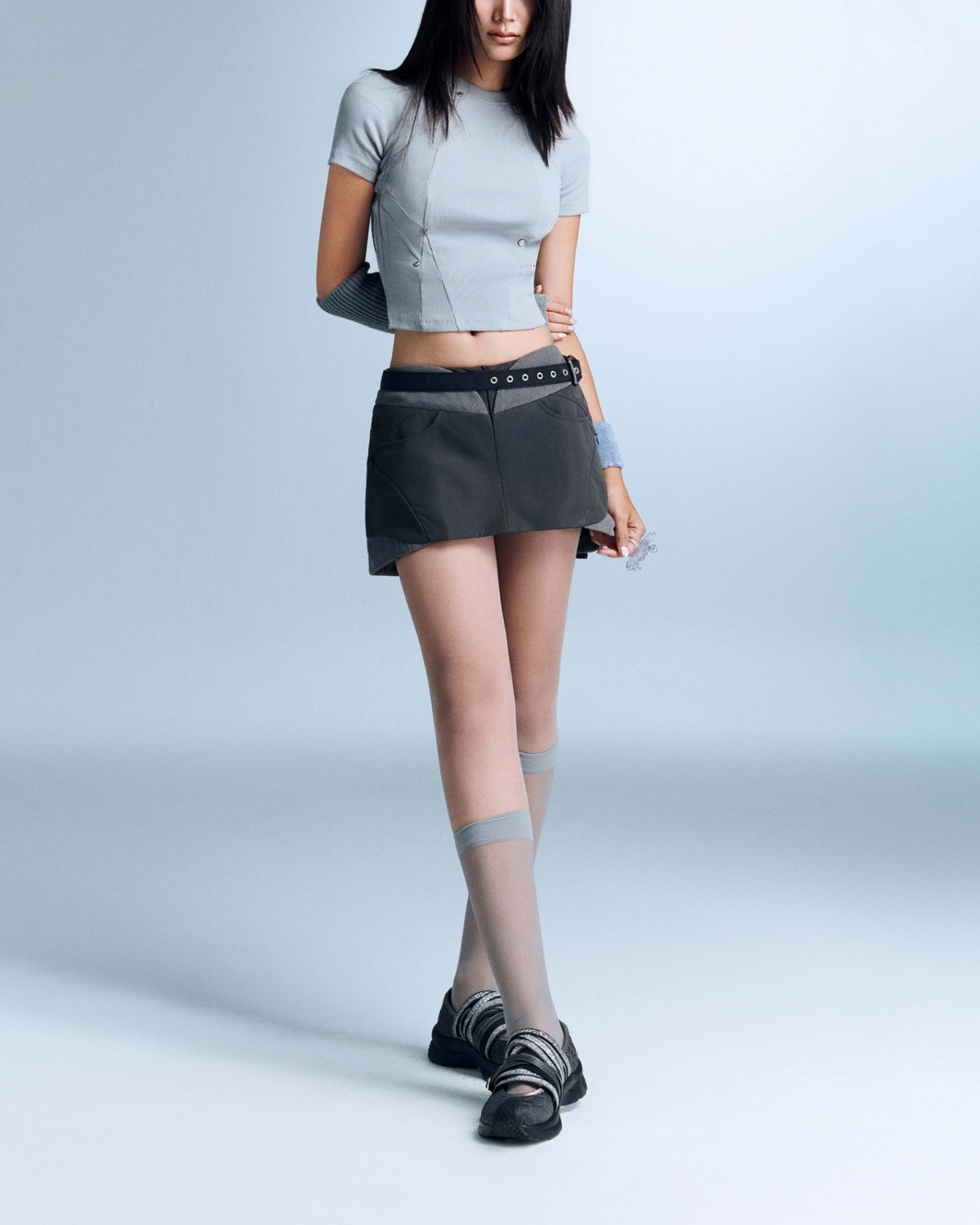 Bunnyhill PERSEA Panelled T-shirt with Embroidery and Back Cut-out (Blue Grey)