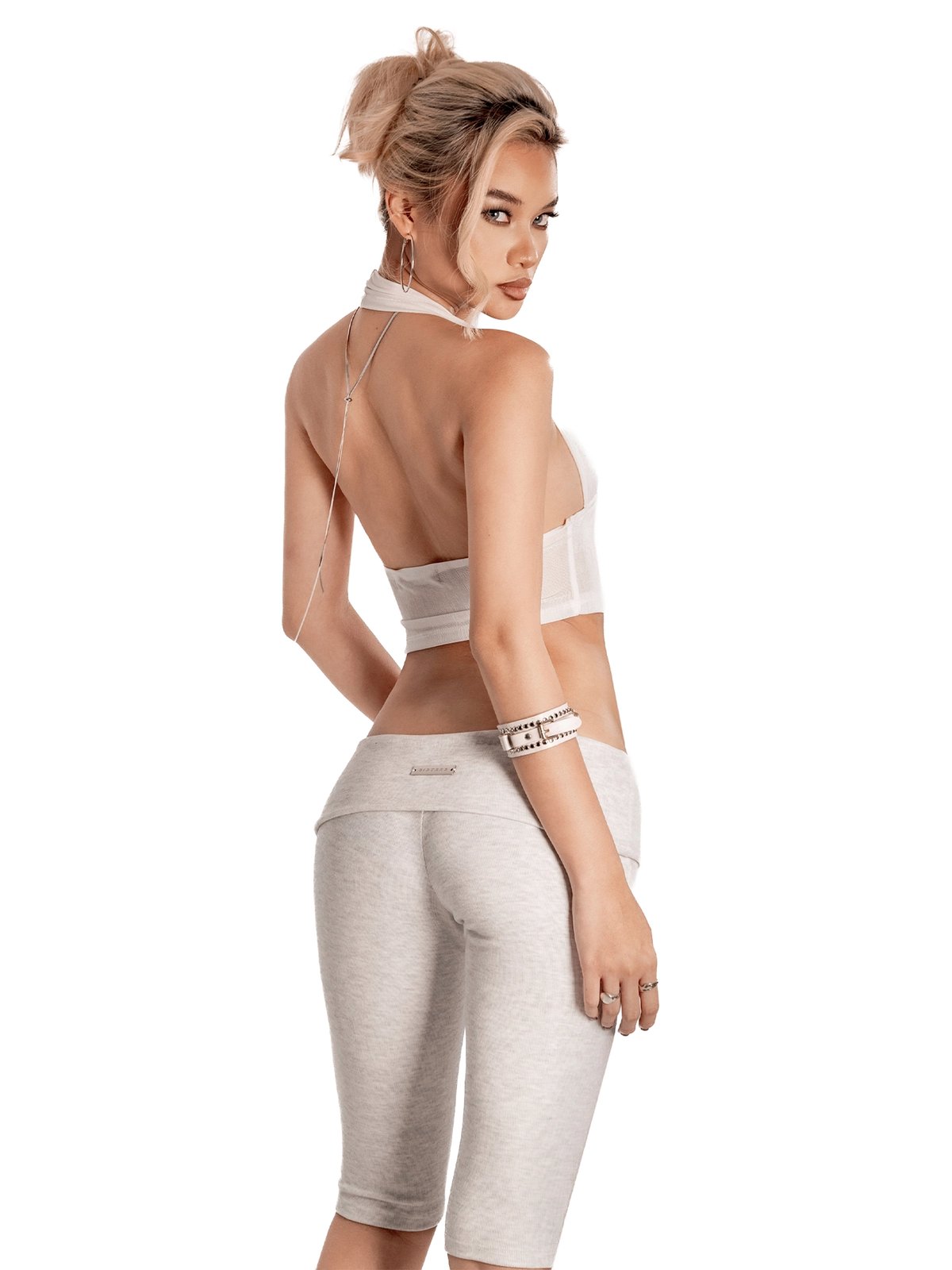 SISTERS Juliana Fold-over Waist Bodycon Mid-length Shorts - Light Grey
