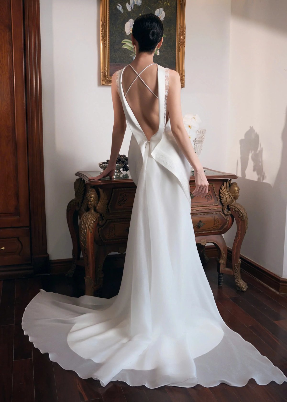 KISSERINE ALTYNSA GOWN - White Silk & Floral Lace Wedding Dress