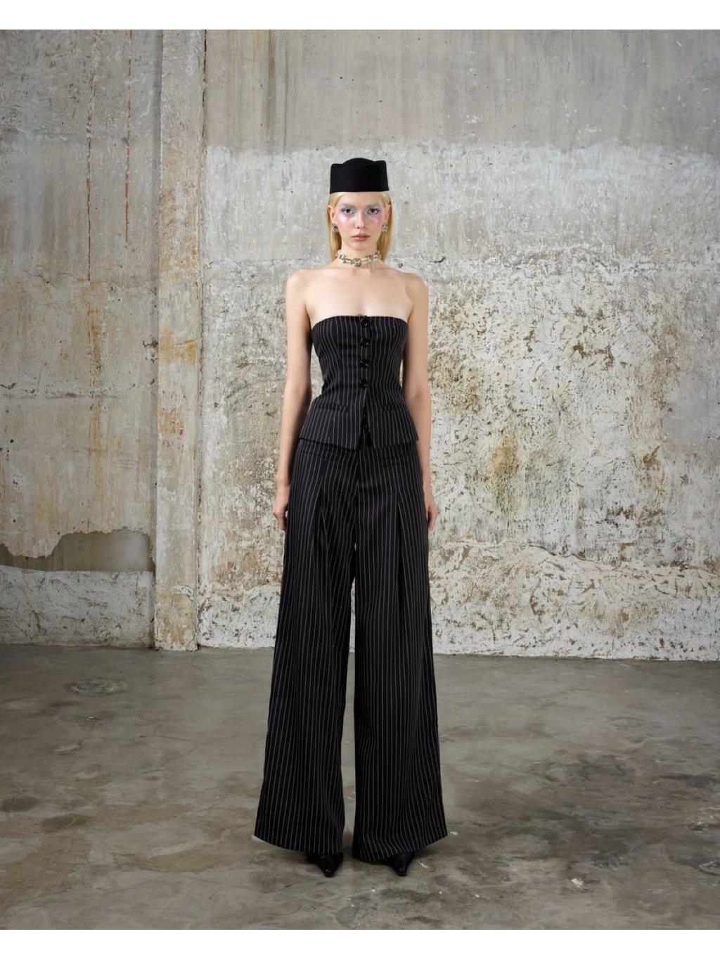 DEPASS Libre Pinstripe Corset and Wide Leg Pants Set