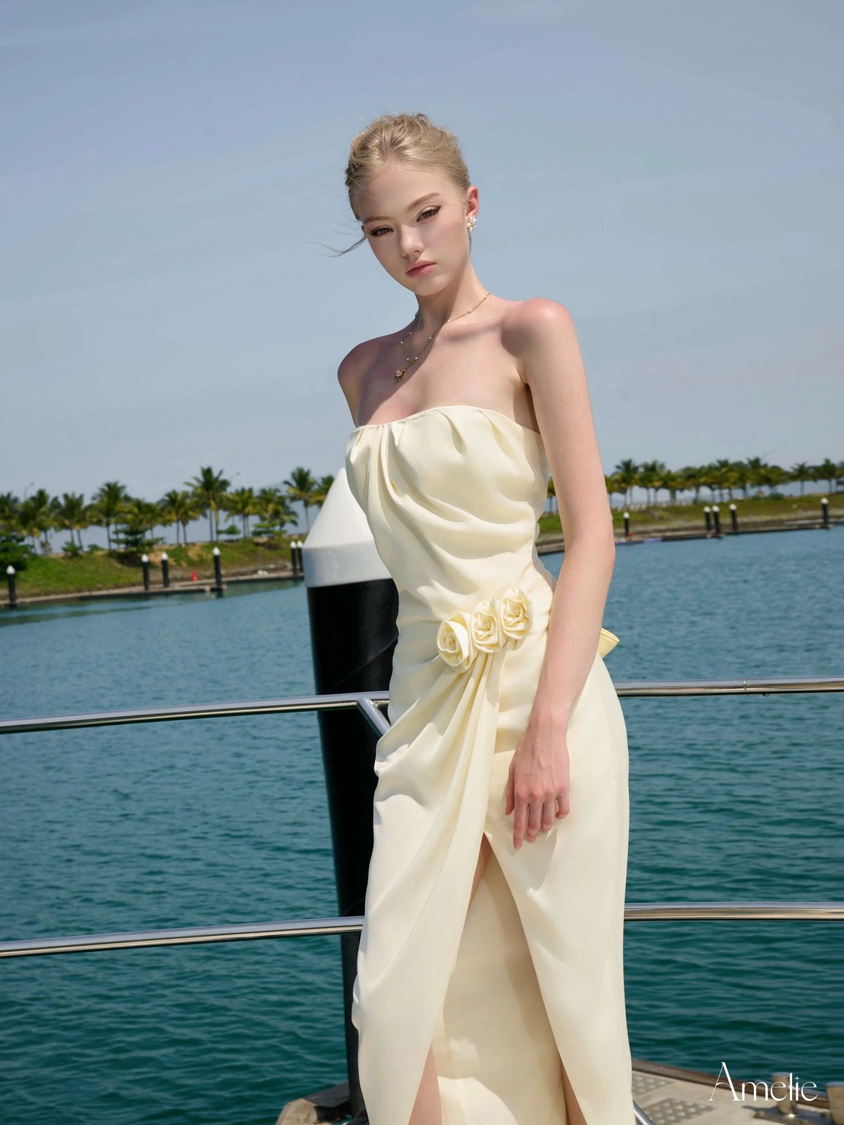 AMELIE Leilani 米色 抹胸花朵裝飾長洋裝