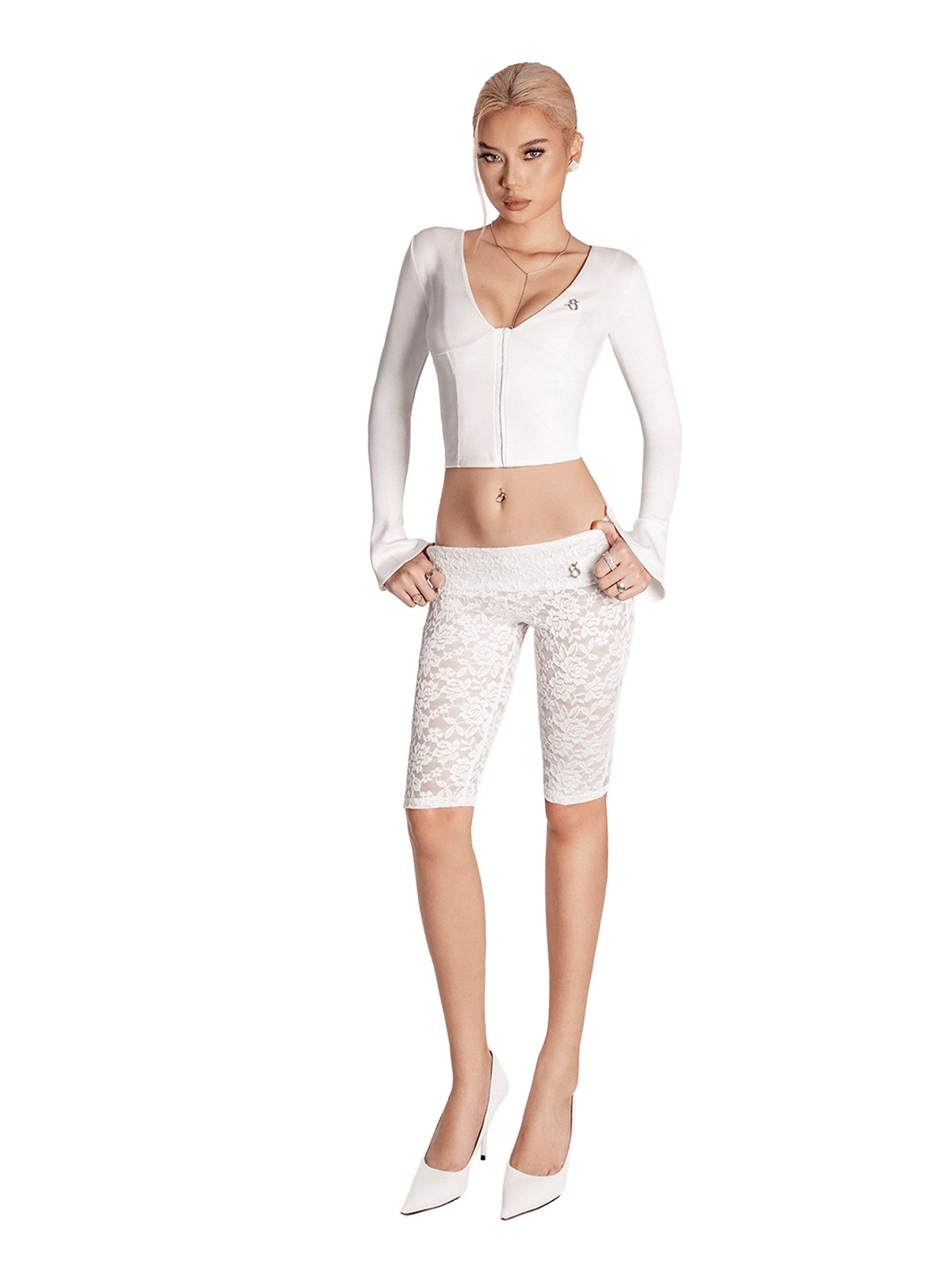 SISTERS Josephine Metal Hook Front Long Sleeve Cropped Top - White