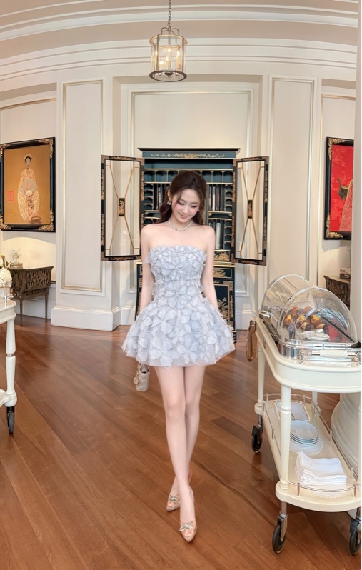 THAOBIBI 3D Floral Mesh Ruffle Flare Dress