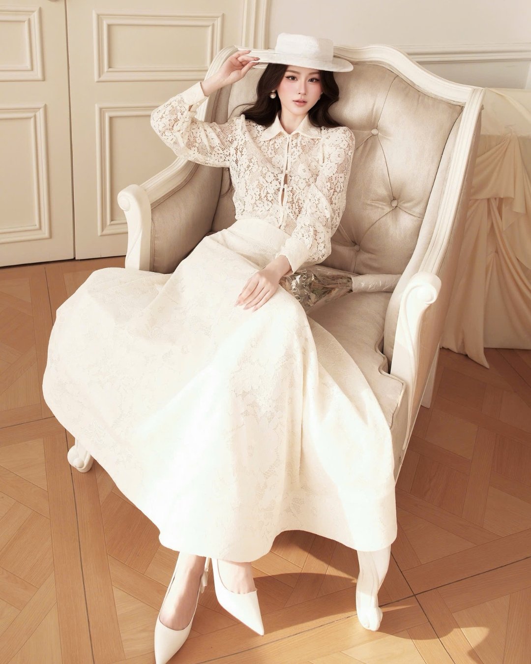 HIU design Lave Skirt 蕾絲花紋 A 字中長裙 兩層設計