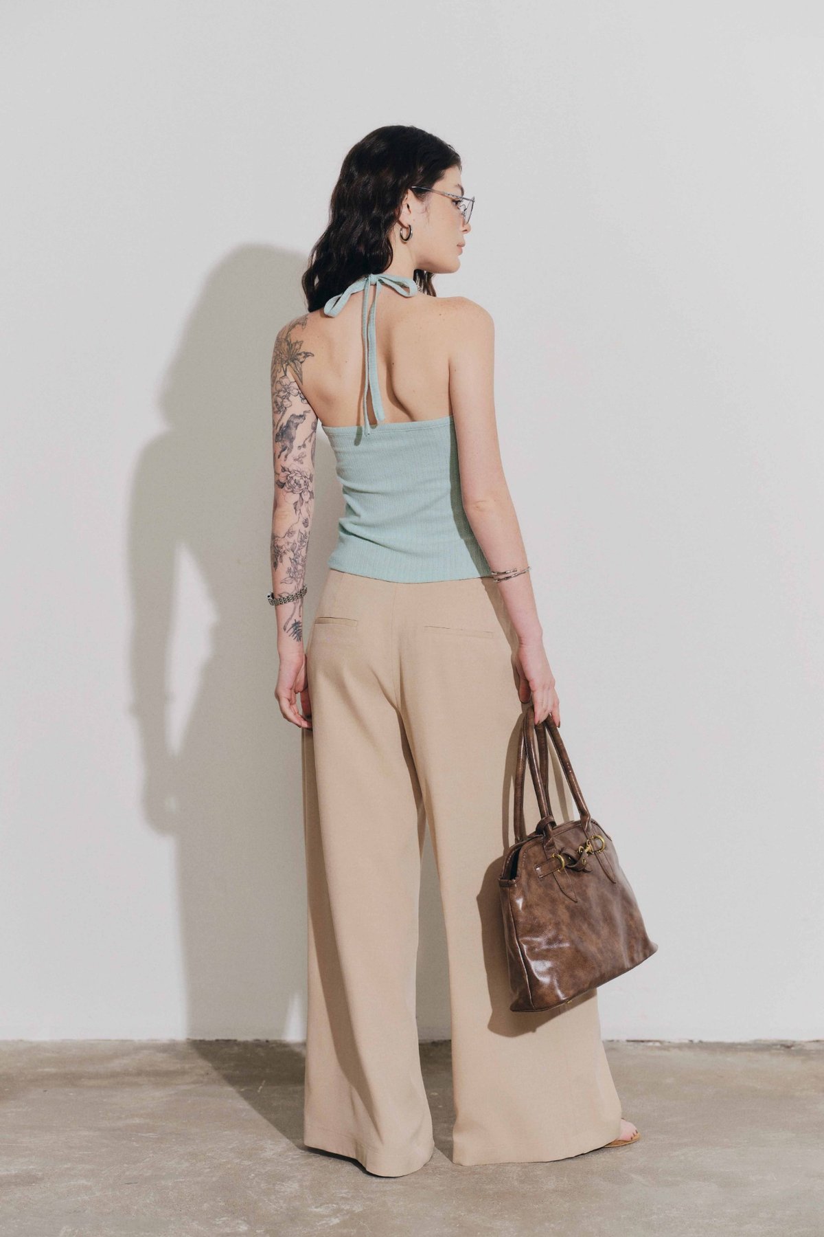 DOTTIE Pleated Wide Leg Trousers - Dark Beige