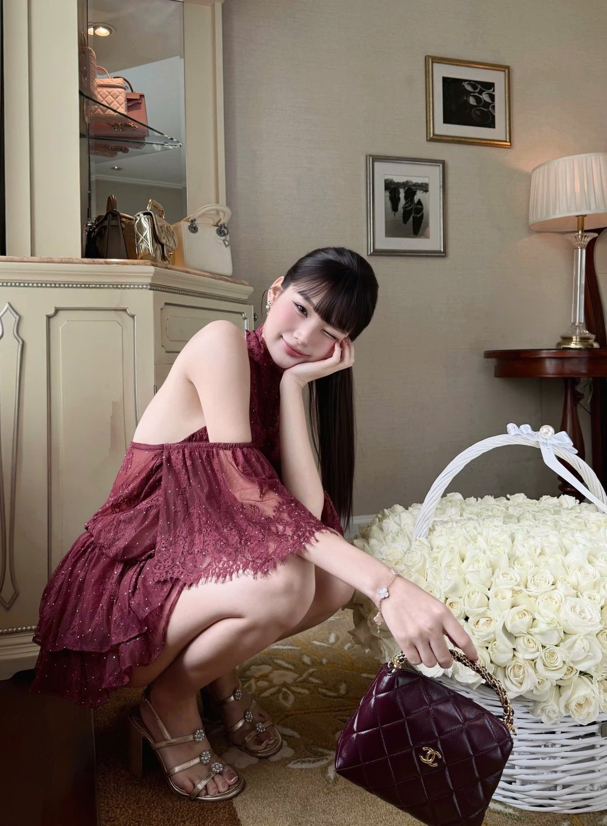 CHOU CHOU Lace Sequin Ruffle Mini Dress