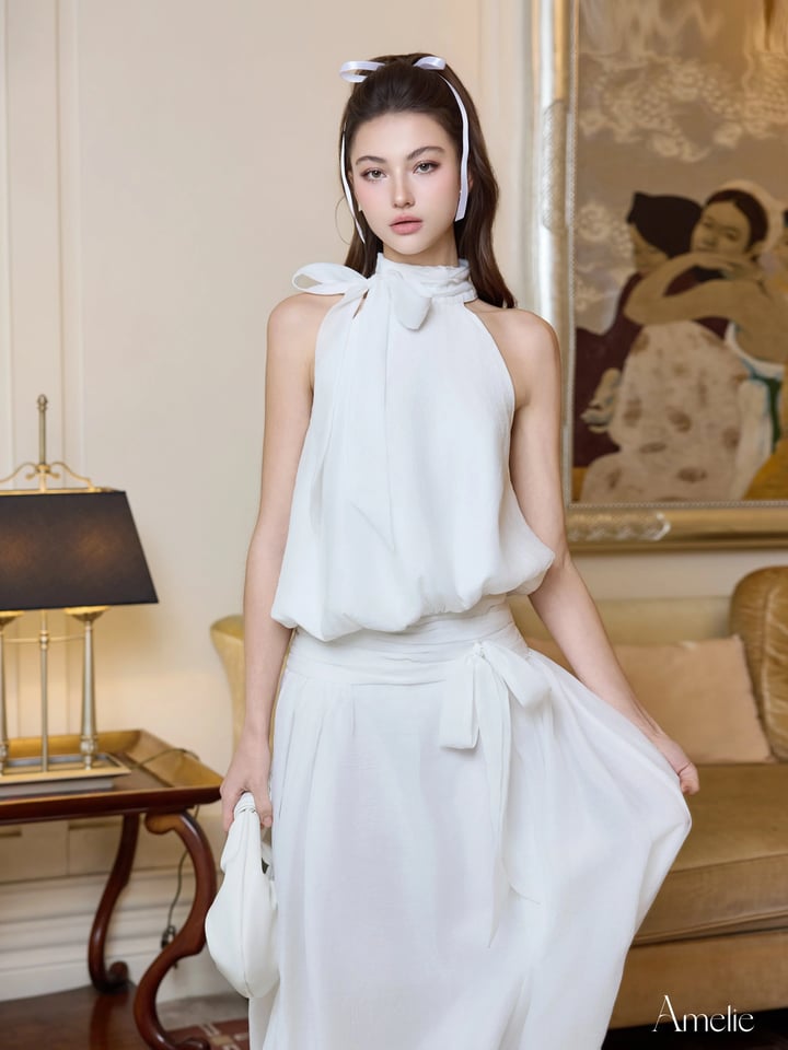 AMELIE Selena 白色 綁帶高領連身裙