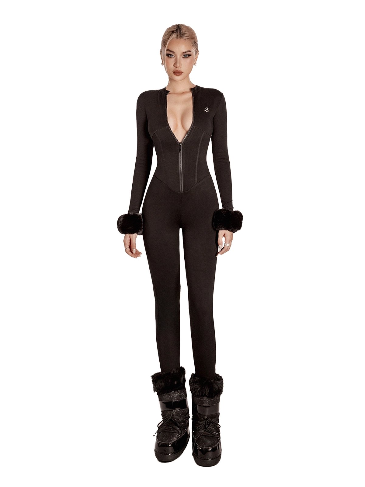 SISTERS Flurry High Neck Long Sleeve Zip-up Jumpsuit - Black
