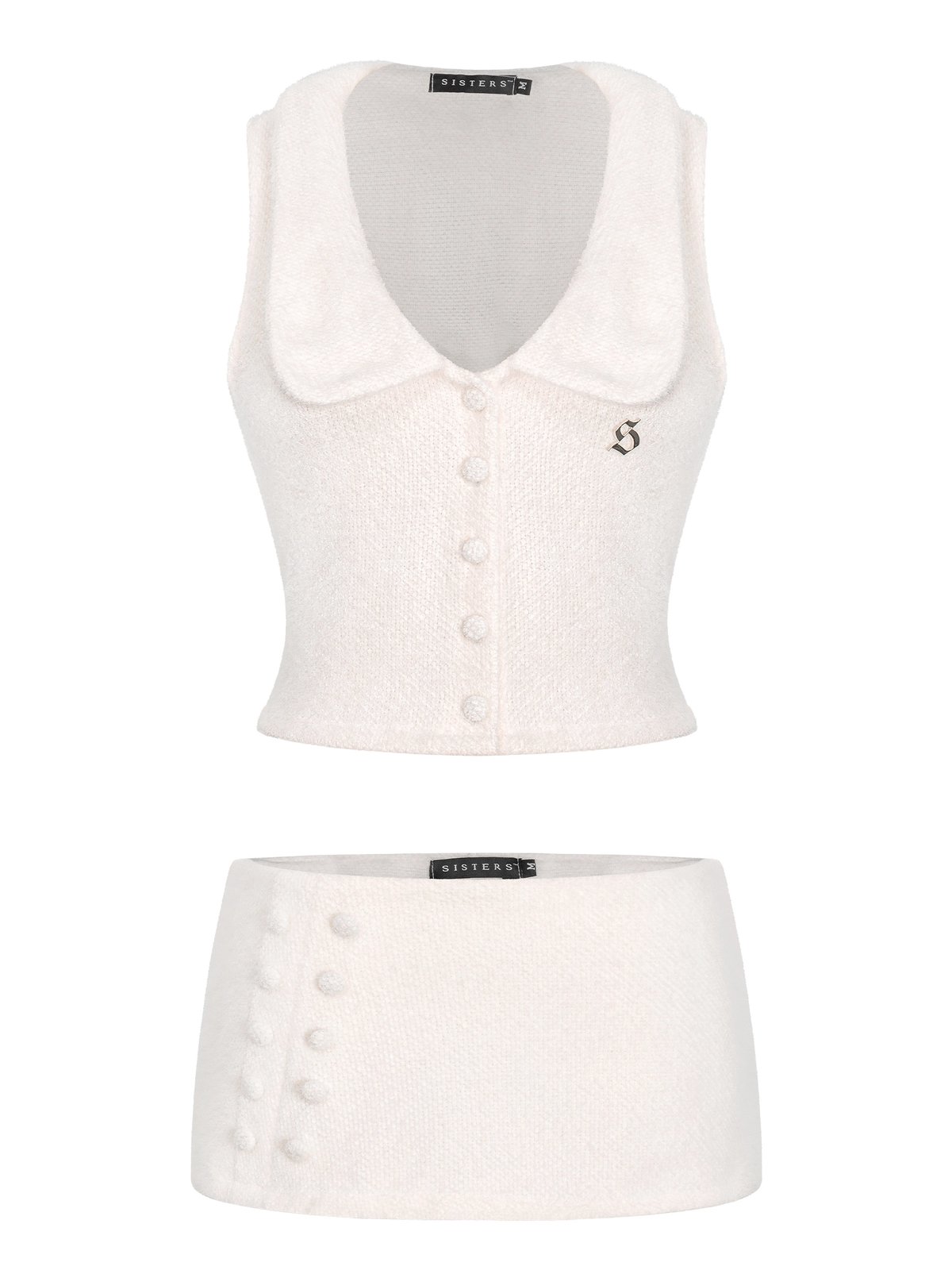 SISTERS Chloe Rabbit Fur Knit Crop Top and Mini Skirt Set - Cream