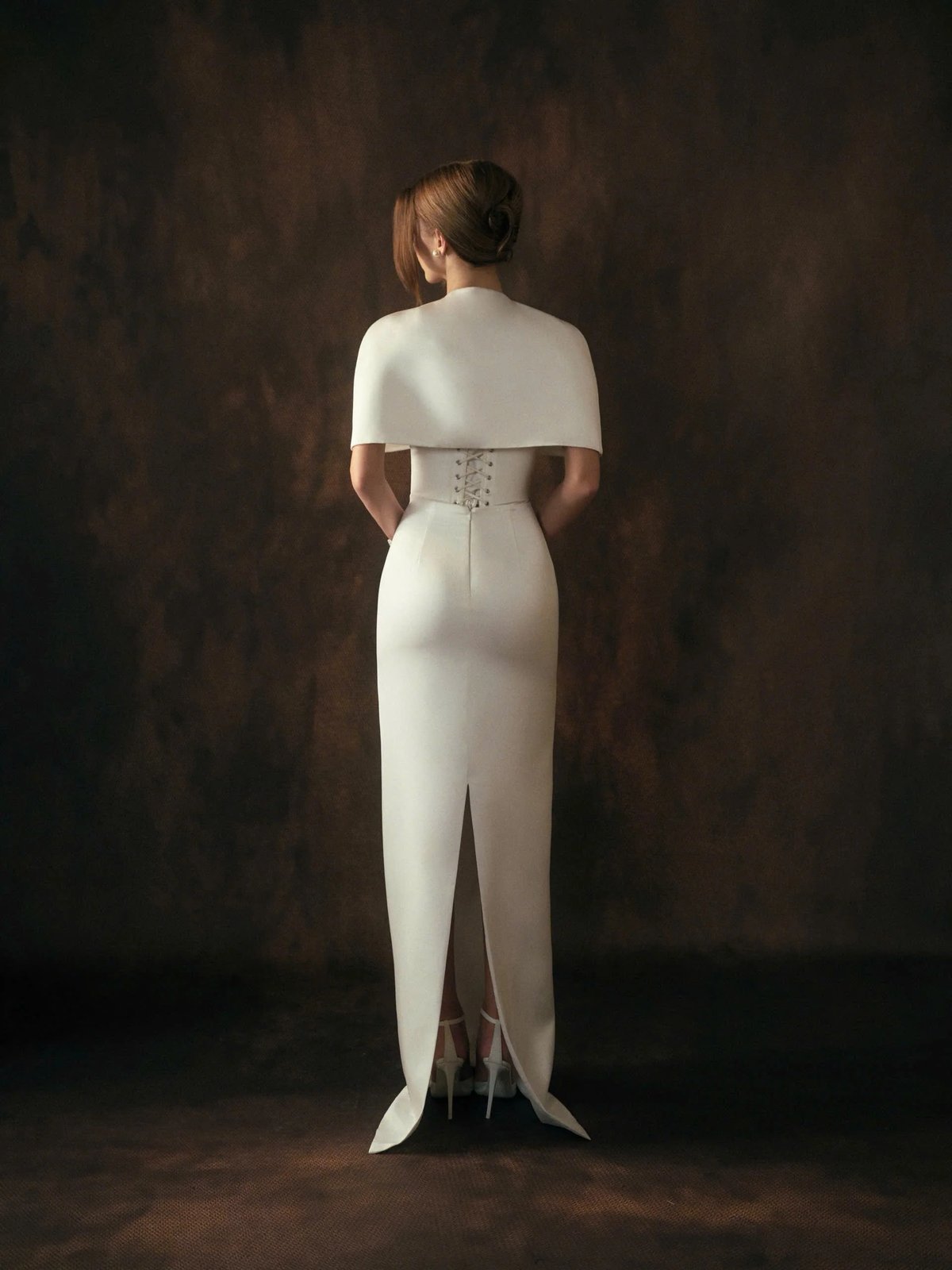 KISSERINE CATERINA Dress - White Satin Strapless Wedding Dress with Detachable Cape