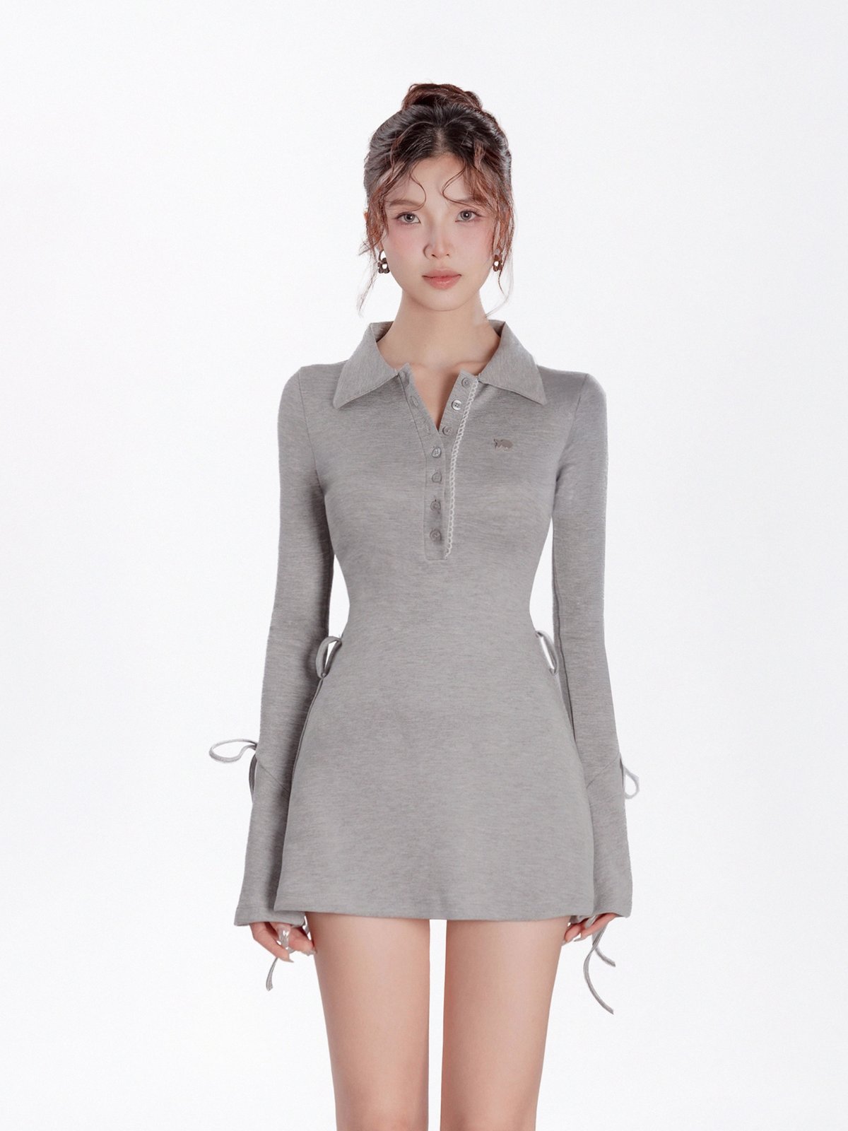 DKMV Jina Dress 復古 Polo 領蕾絲飾邊喇叭袖連身裙