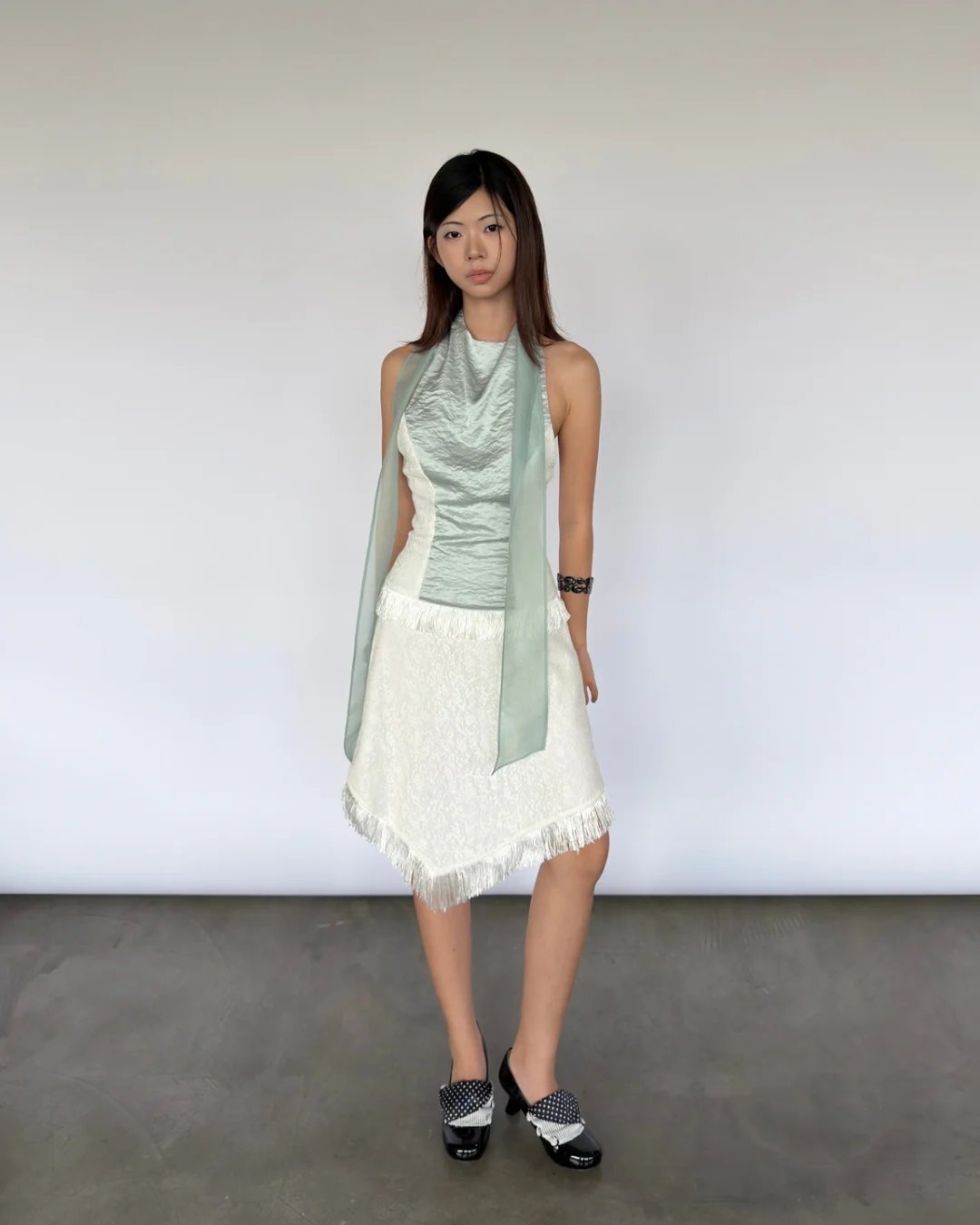 into.eight Mint Halter Top with Lace Panels and Fringe Detail