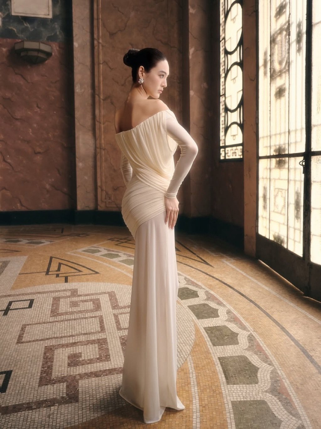 Mollynista White Off-Shoulder Draped Mesh Dress