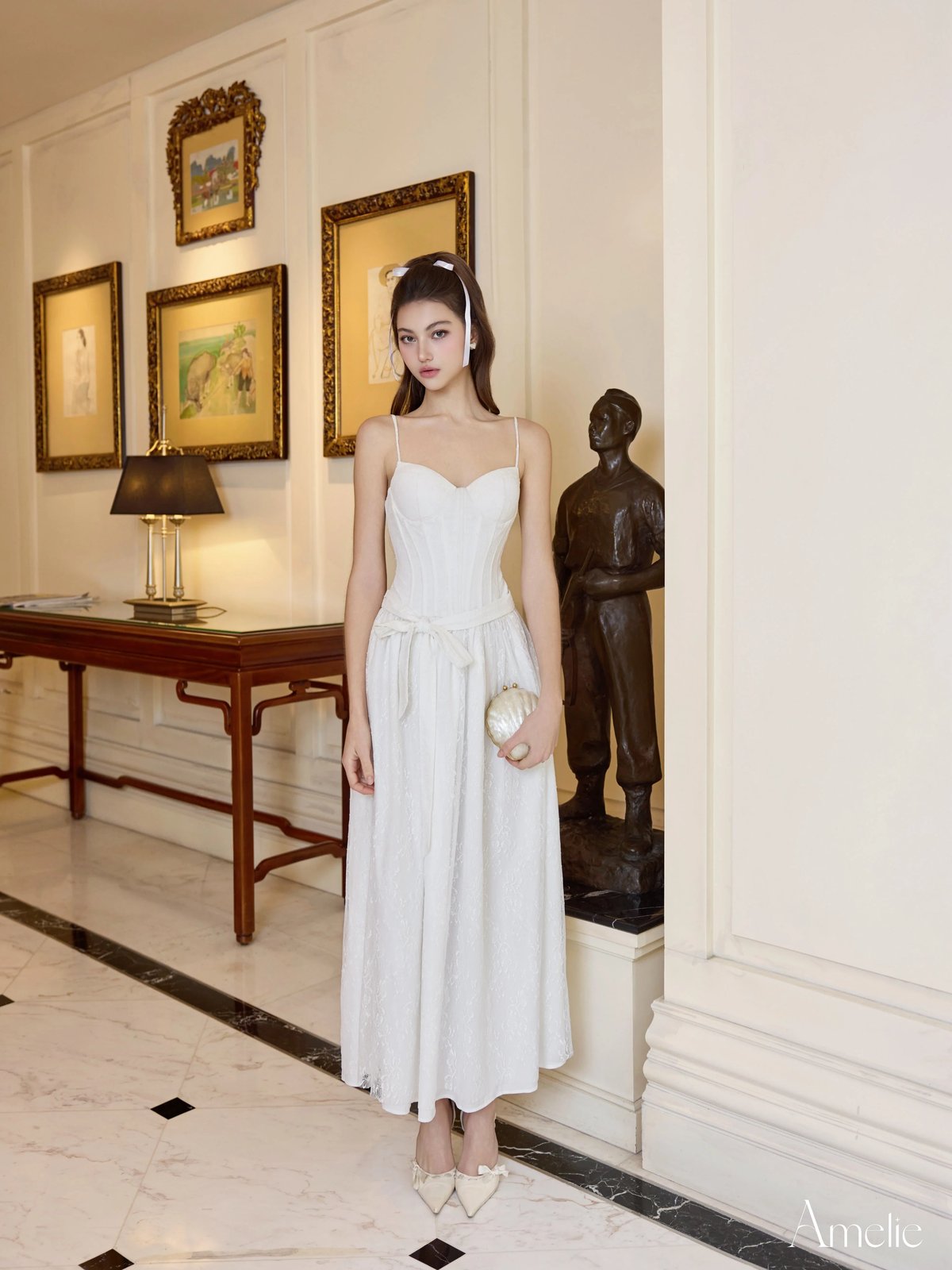 AMELIE Judy 白色蕾絲細肩帶長裙