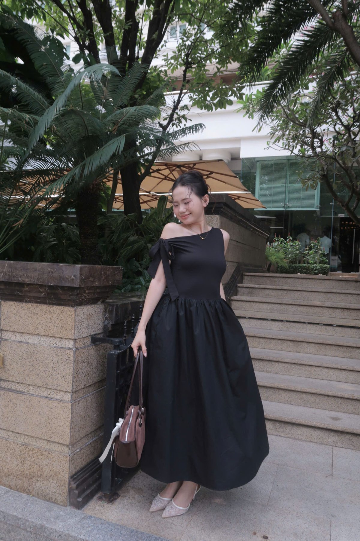 DOTTIE One-Shoulder Poplin Mix Midi Dress