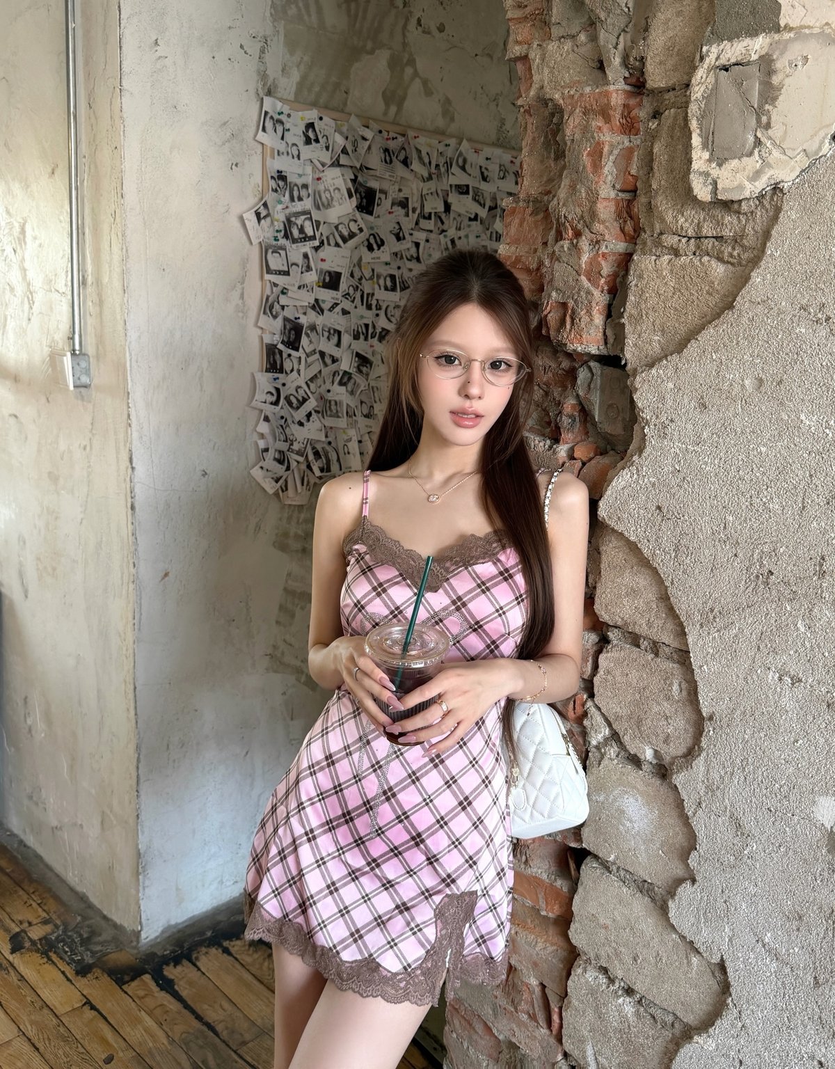Bandarsaya Regina Checkered Lace Dress Pink x Brown