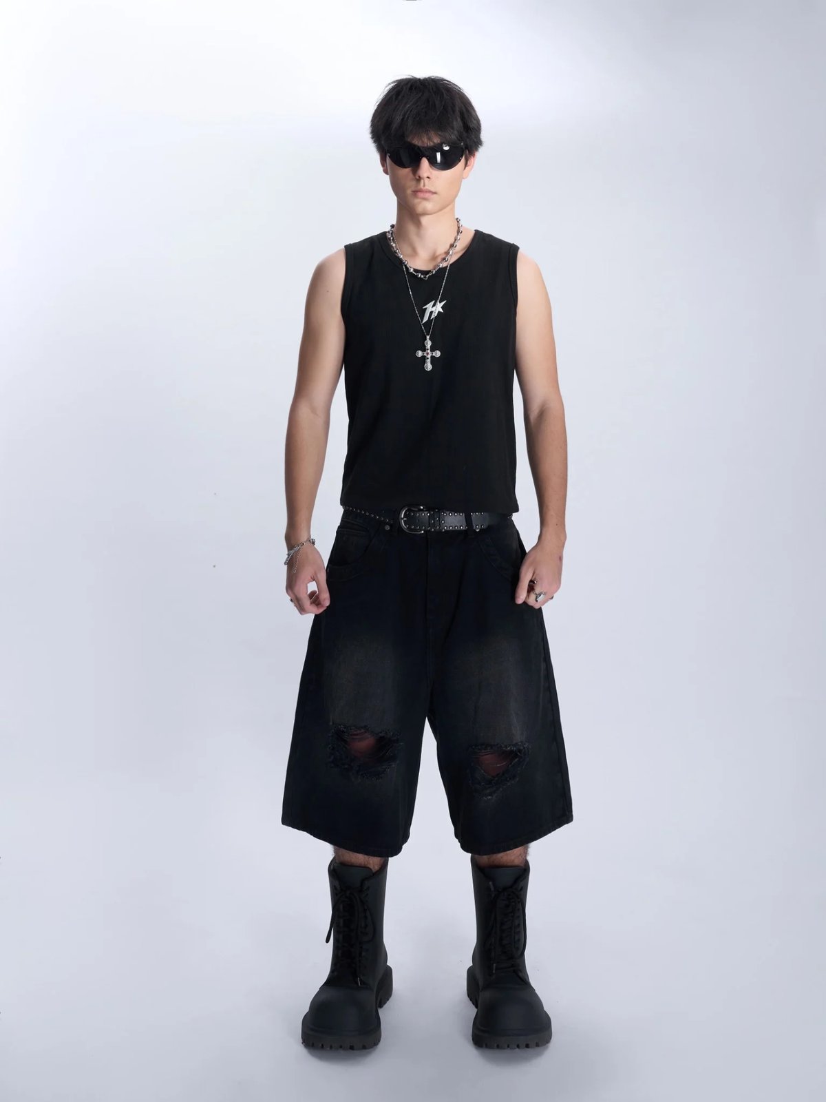 HADES Blackout Distress Wash Denim Shorts