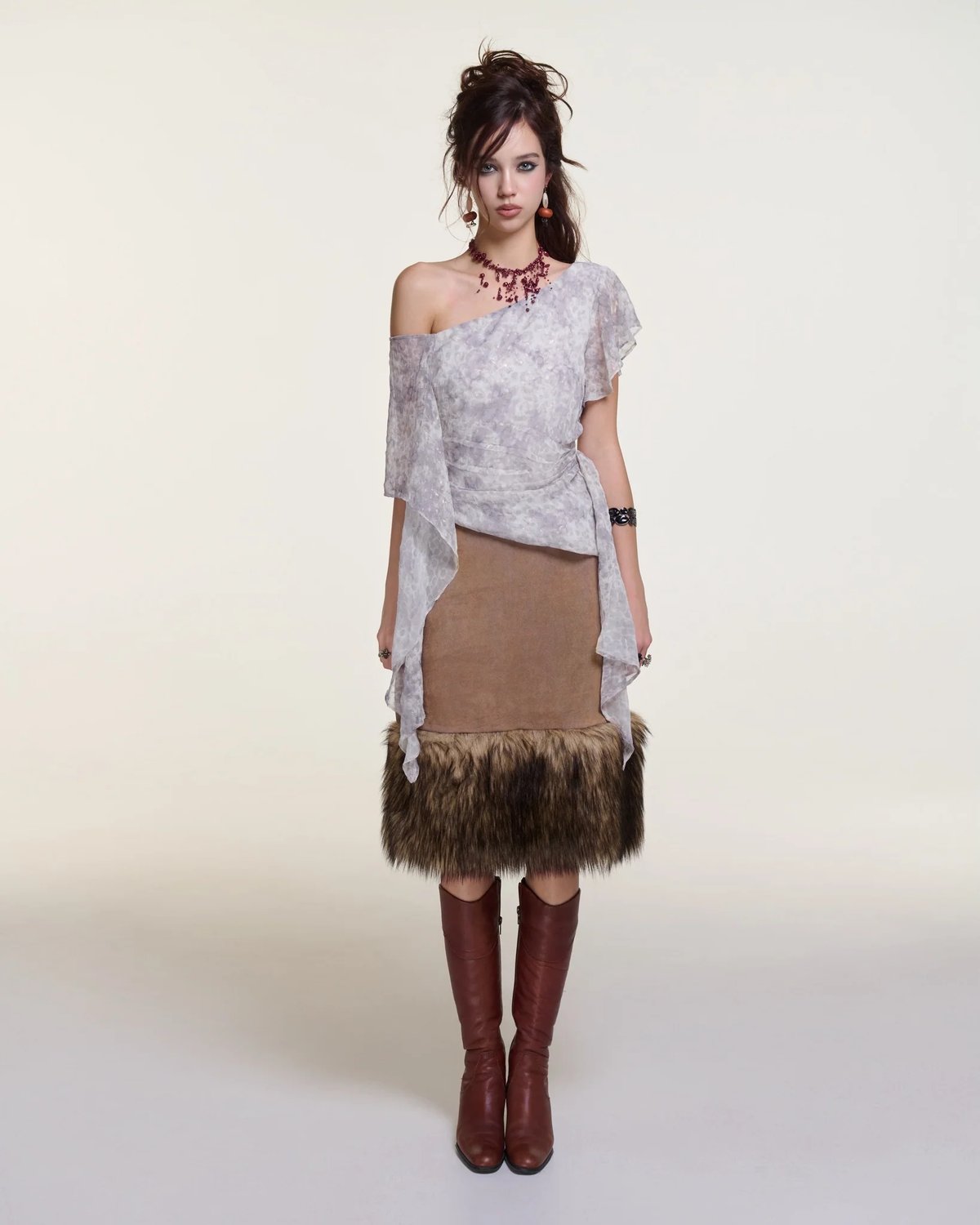FAWN SKIRT 人造麂皮毛皮飾邊中長裙