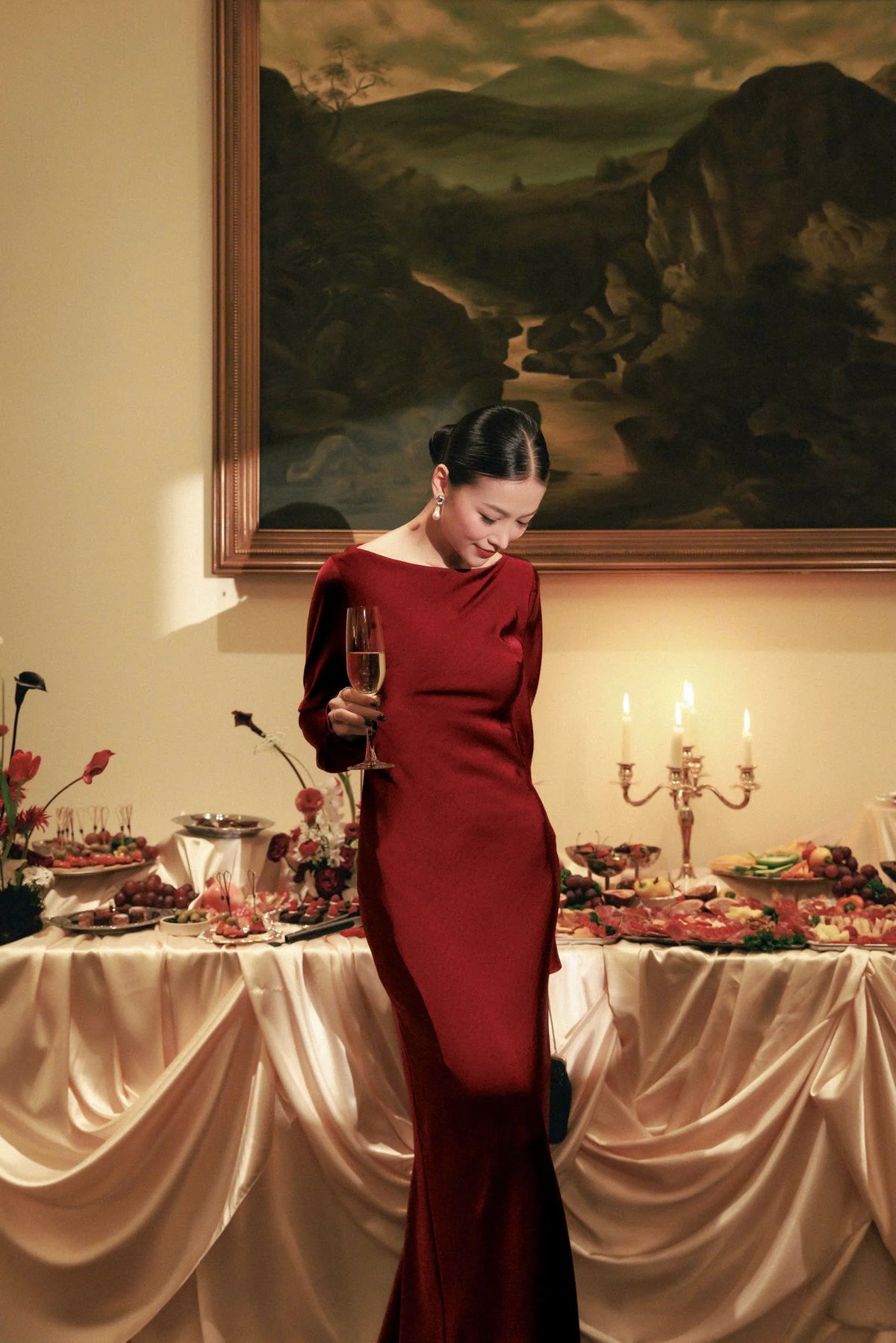 KISSERINE ROSENA Long Sleeve Silk Satin Open Back Dress