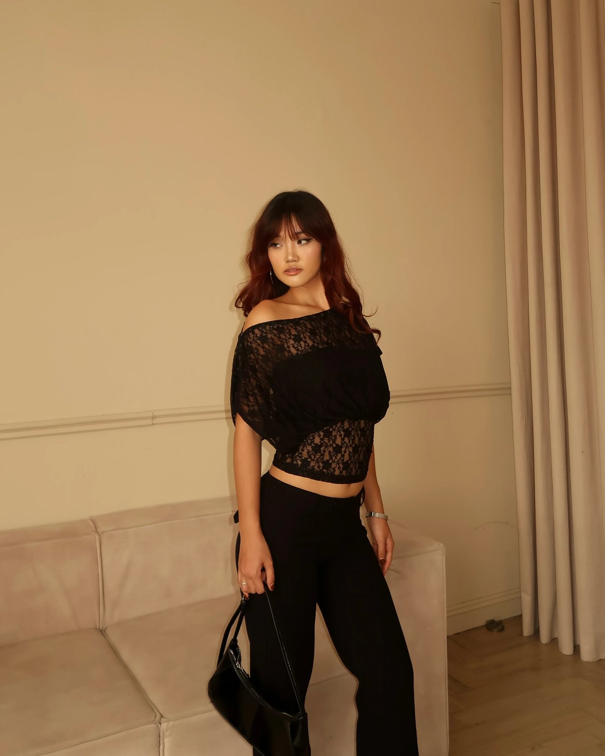 Sugar Crush Clara One-Shoulder Lace Cropped Top - Jet Black