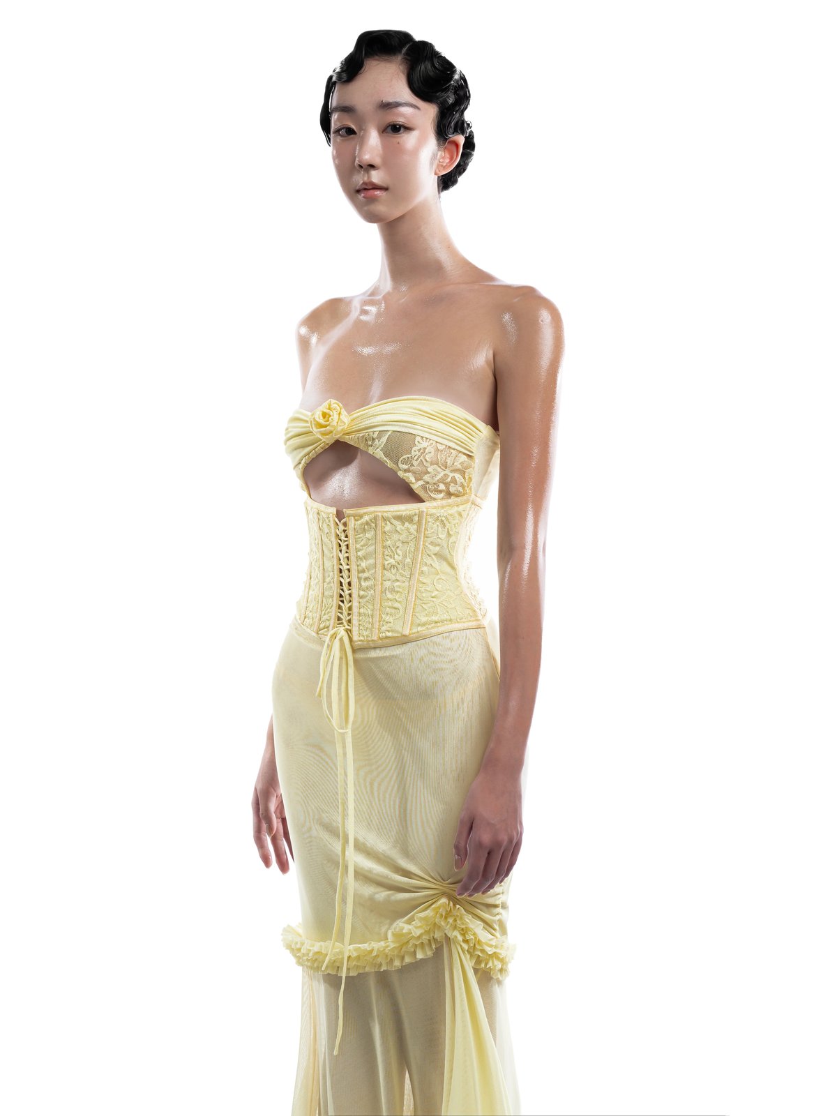 HUELLEYROSE Valentine Yellow Lace Flower Bandeau Dress