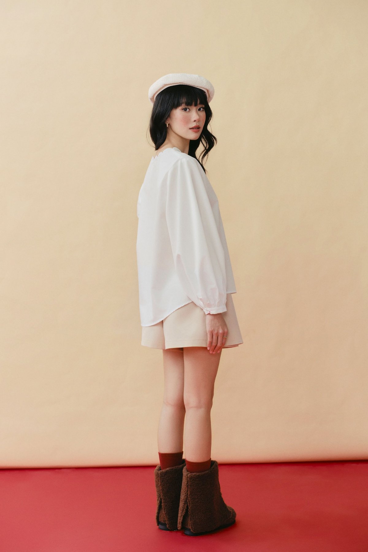 DOTTIE Scallop Neck Long Sleeve Blouse - White